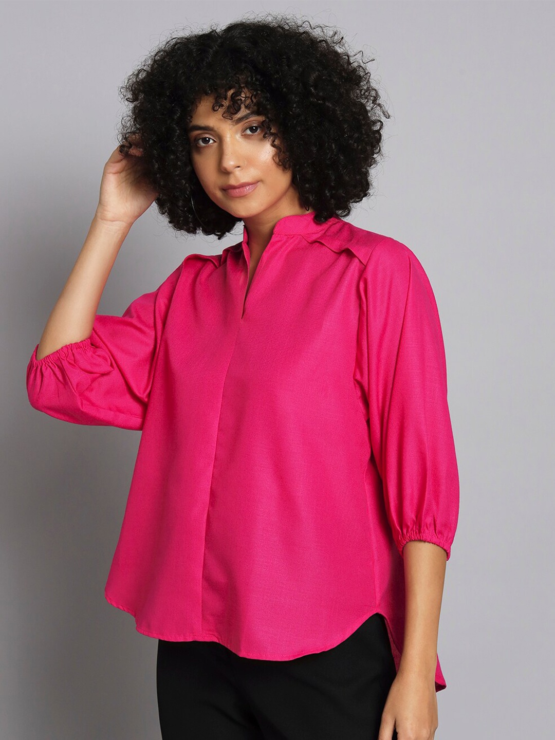 

Chemistry Mandarin Collar Cuffed Sleeves Shirt Style Top, Fuchsia