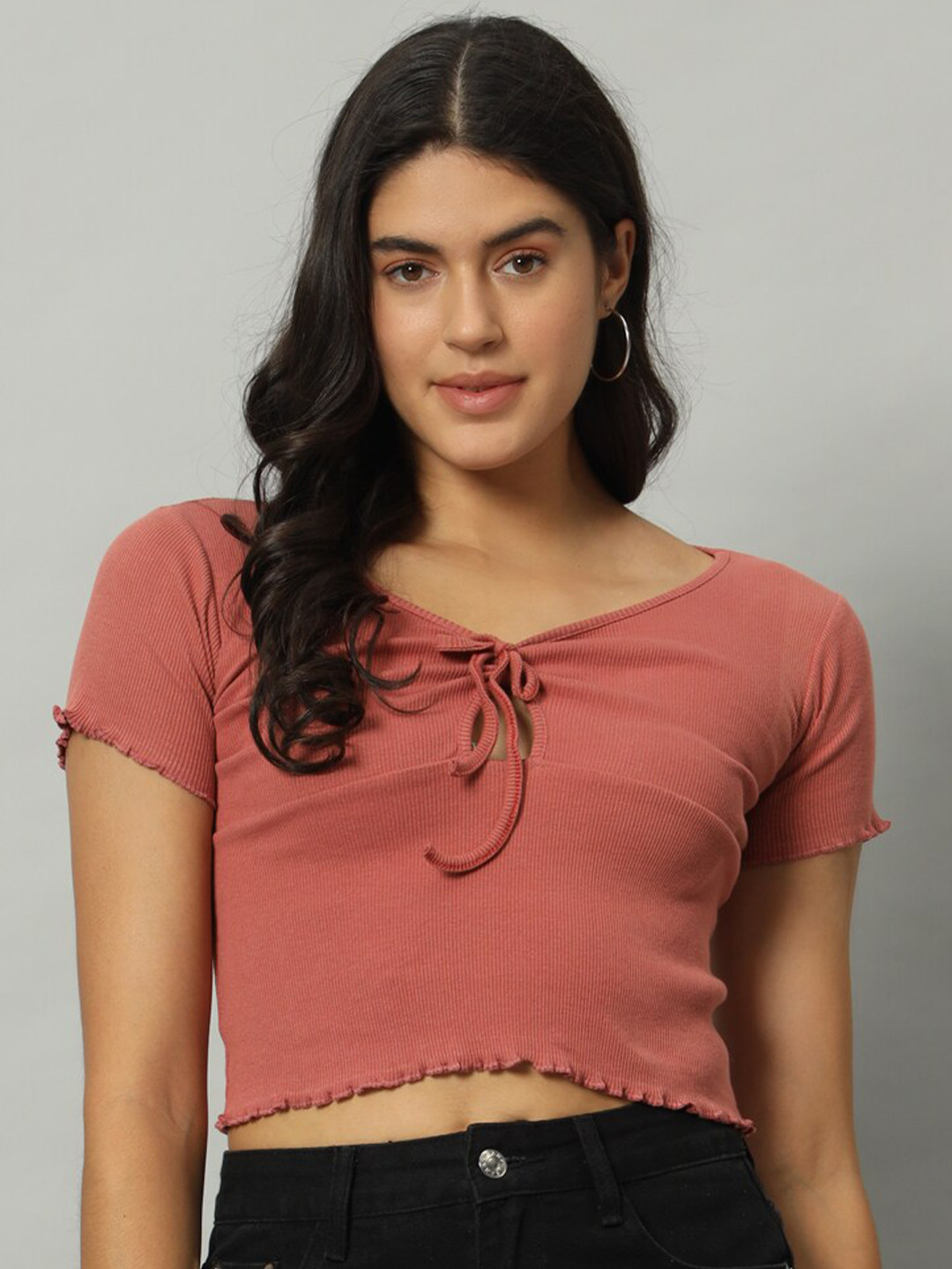 

Chemistry Tie-Up Neck Georgette Crop Top, Pink
