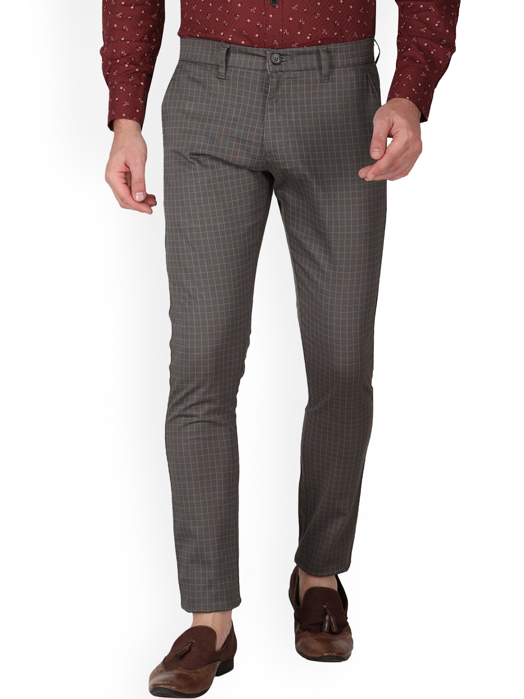 

Monterrey SF Men Checked Relaxed Slim Fit Easy Wash Mid-Rise Cotton Trousers, Olive