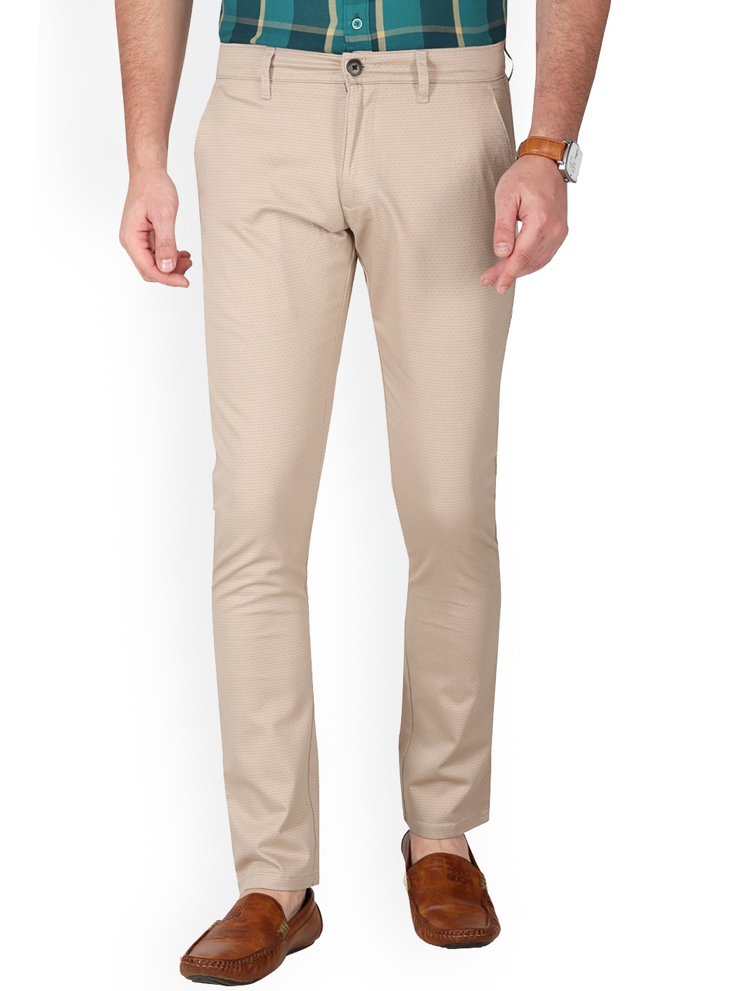 

Monterrey SF Men Relaxed Slim Fit Easy Wash Mid-Rise Cotton Trousers, Beige