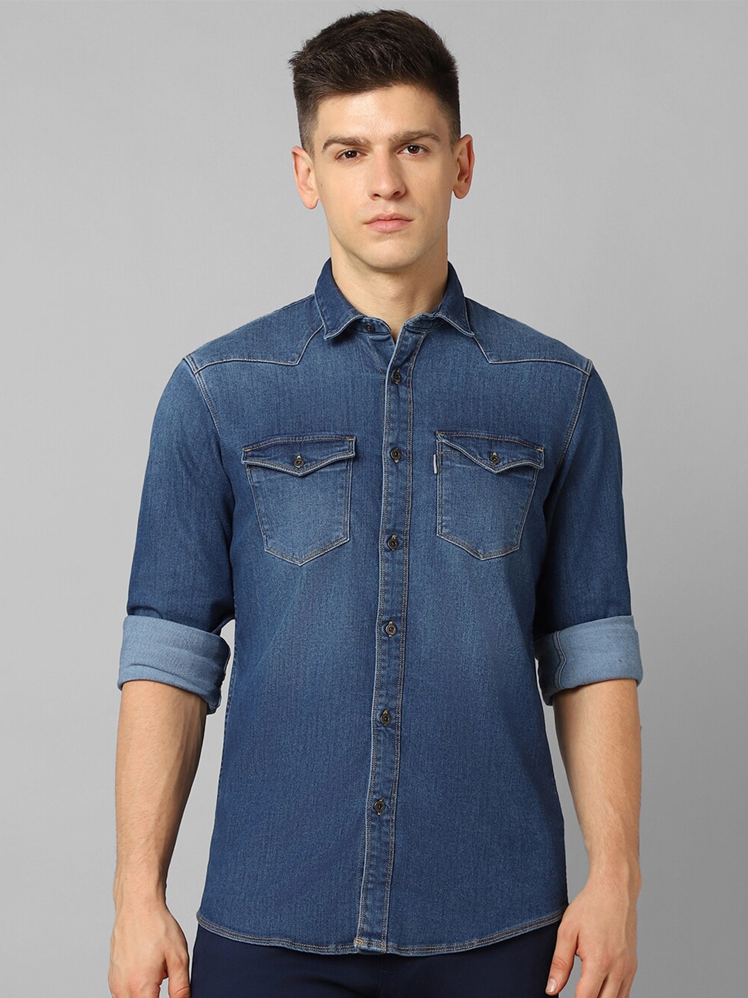 

Louis Philippe Jeans Slim Fit Faded Spread Collar Long Sleeves Cotton Casual Shirt, Navy blue