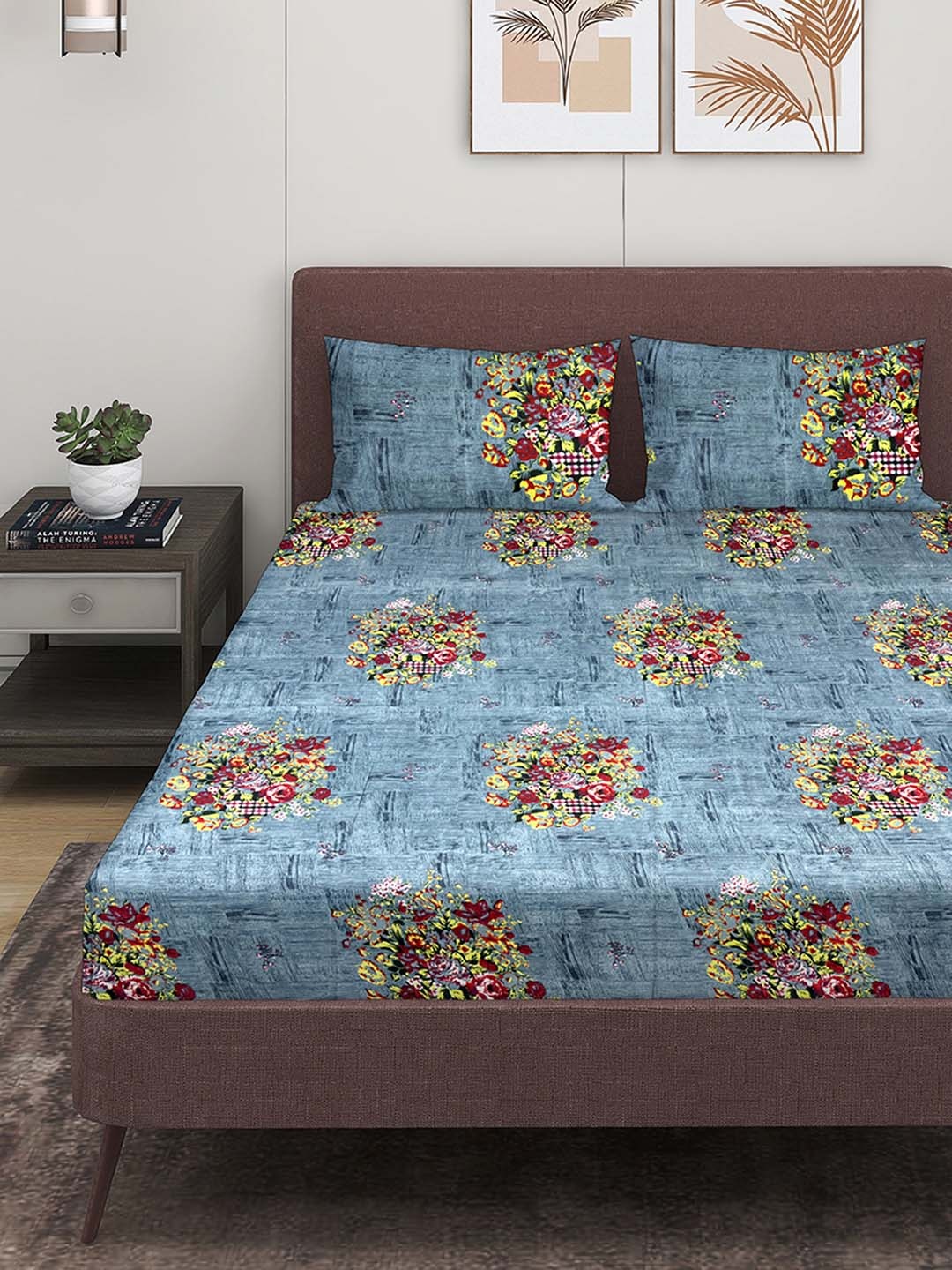 

ROMEE Grey & Red Floral 144 TC Queen Bedsheet with 2 Pillow Covers