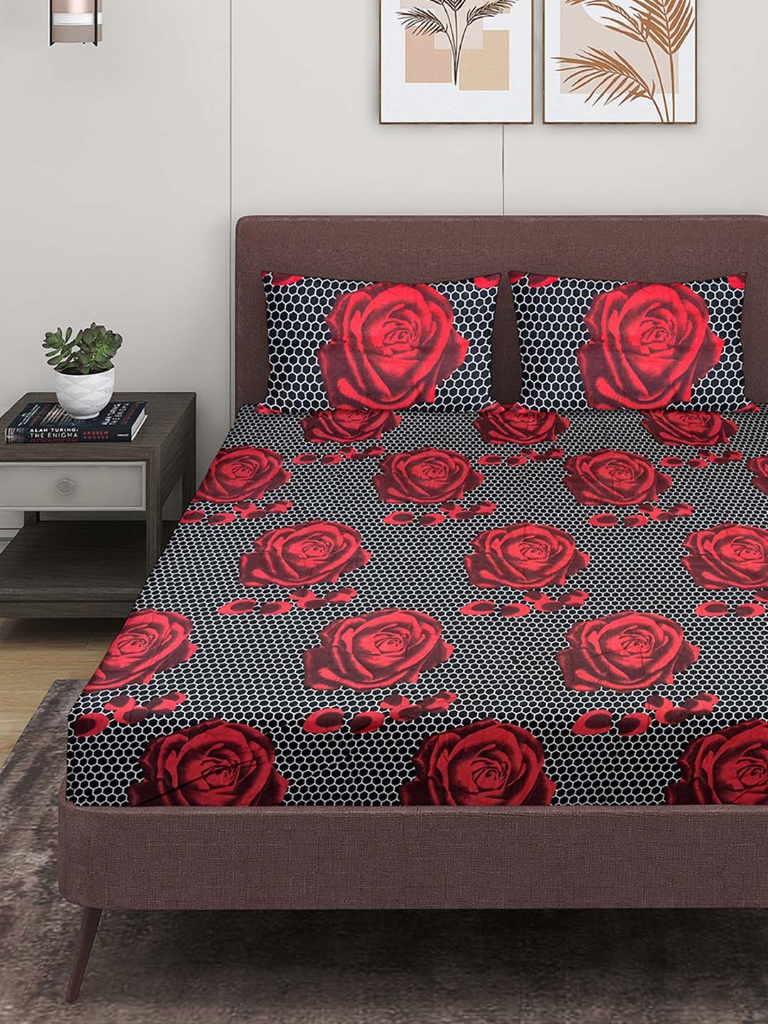 

ROMEE Black & Red Floral Microfiber 144 TC Queen Bedsheet with 2 Pillow Covers
