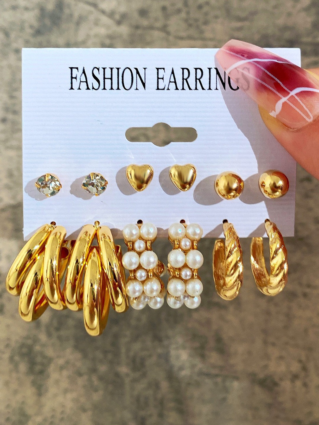 

Shining Diva Fashion Set Of 6 Gold-Plated Pearls Beaded Contemporary Half Hoop Earrings