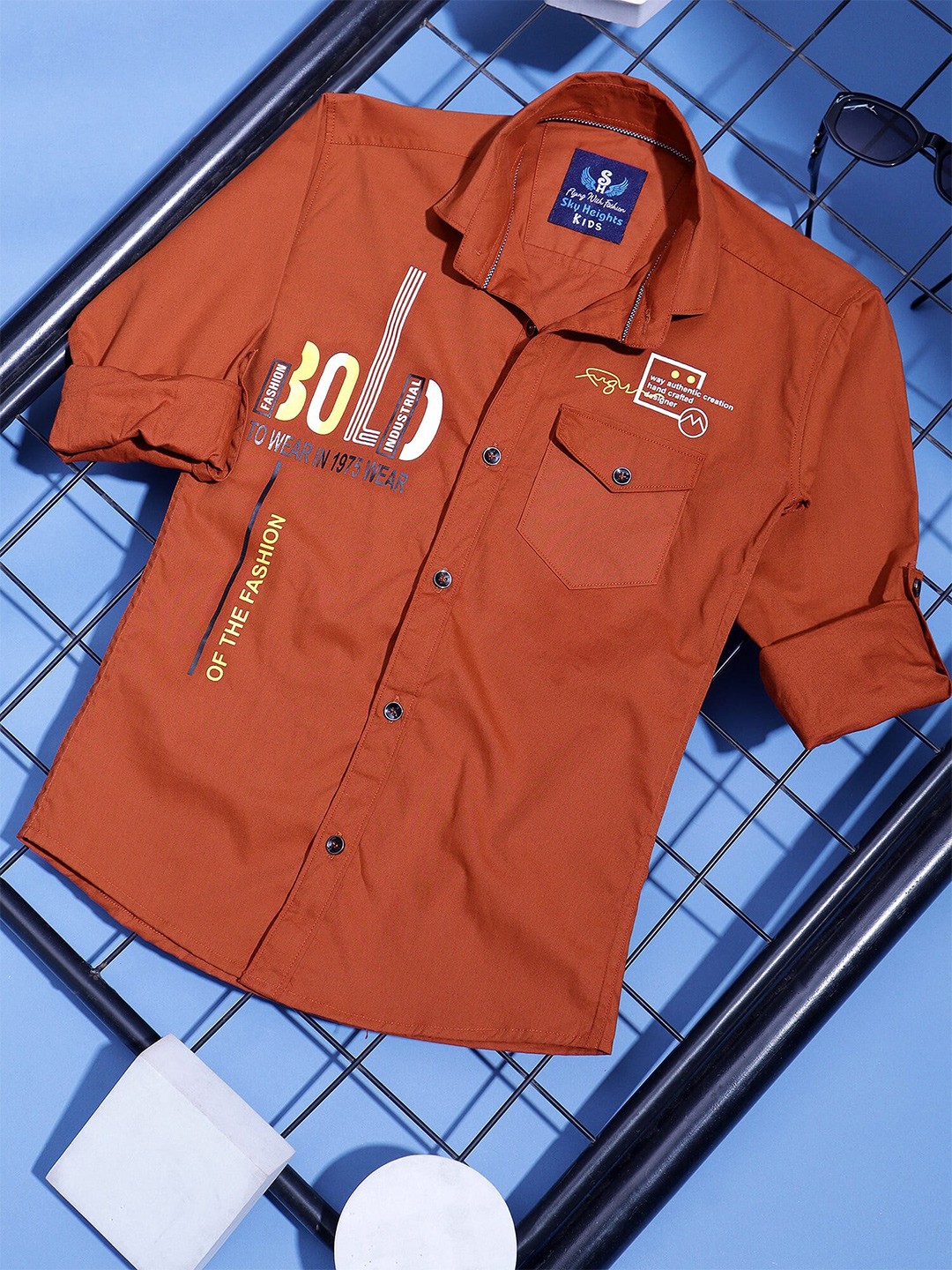 

SKY HEIGHTS Boys Opaque Printed Pure Cotton Casual Shirt, Orange