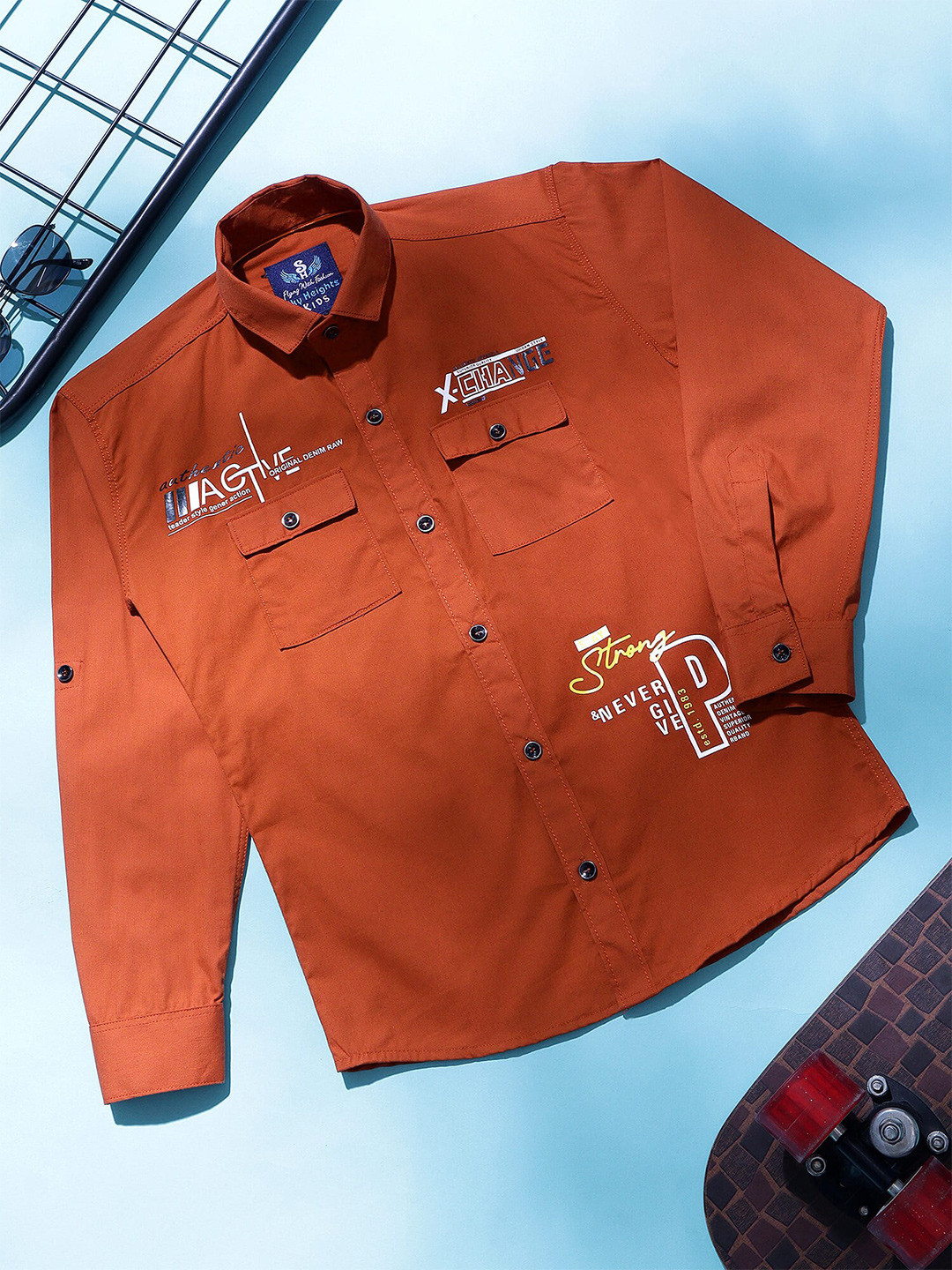 

SKY HEIGHTS Boys Typography Printed Pure Cotton Casual Shirt, Orange