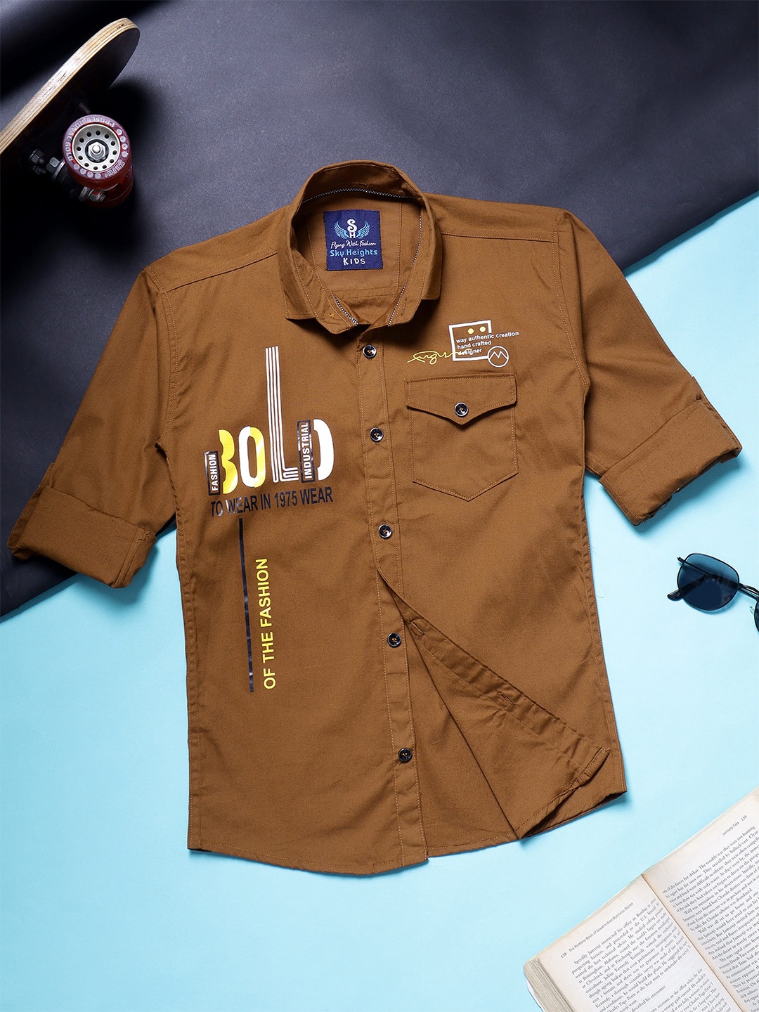 

SKY HEIGHTS Boys Typography Printed Pure Cotton Casual Shirt, Brown