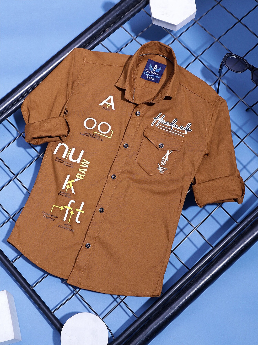 

SKY HEIGHTS Boys Typography Printed Pure Cotton Casual Shirt, Brown