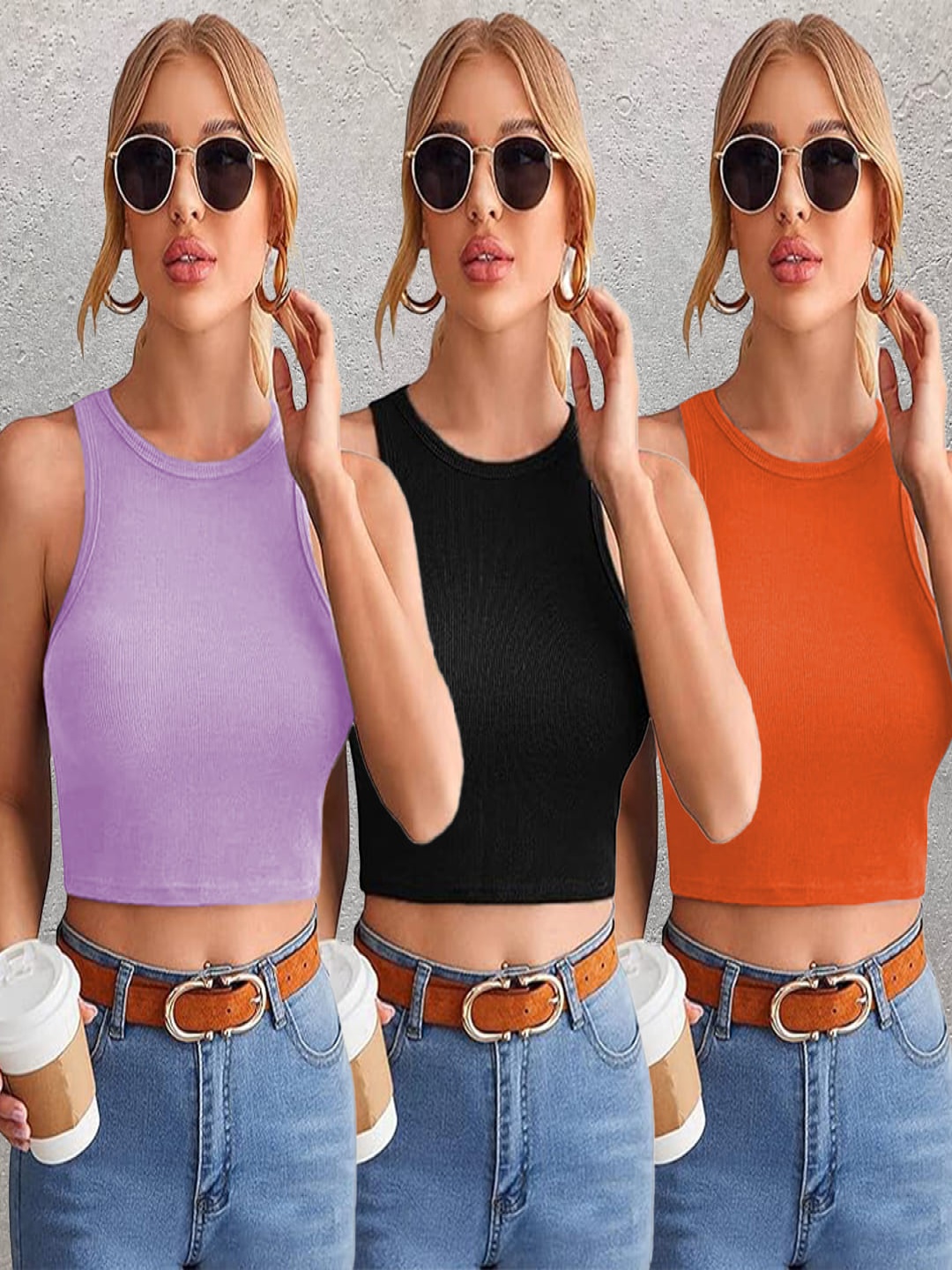 

BAESD Pack of 3 Round Neck Fitted Crop Top, Purple