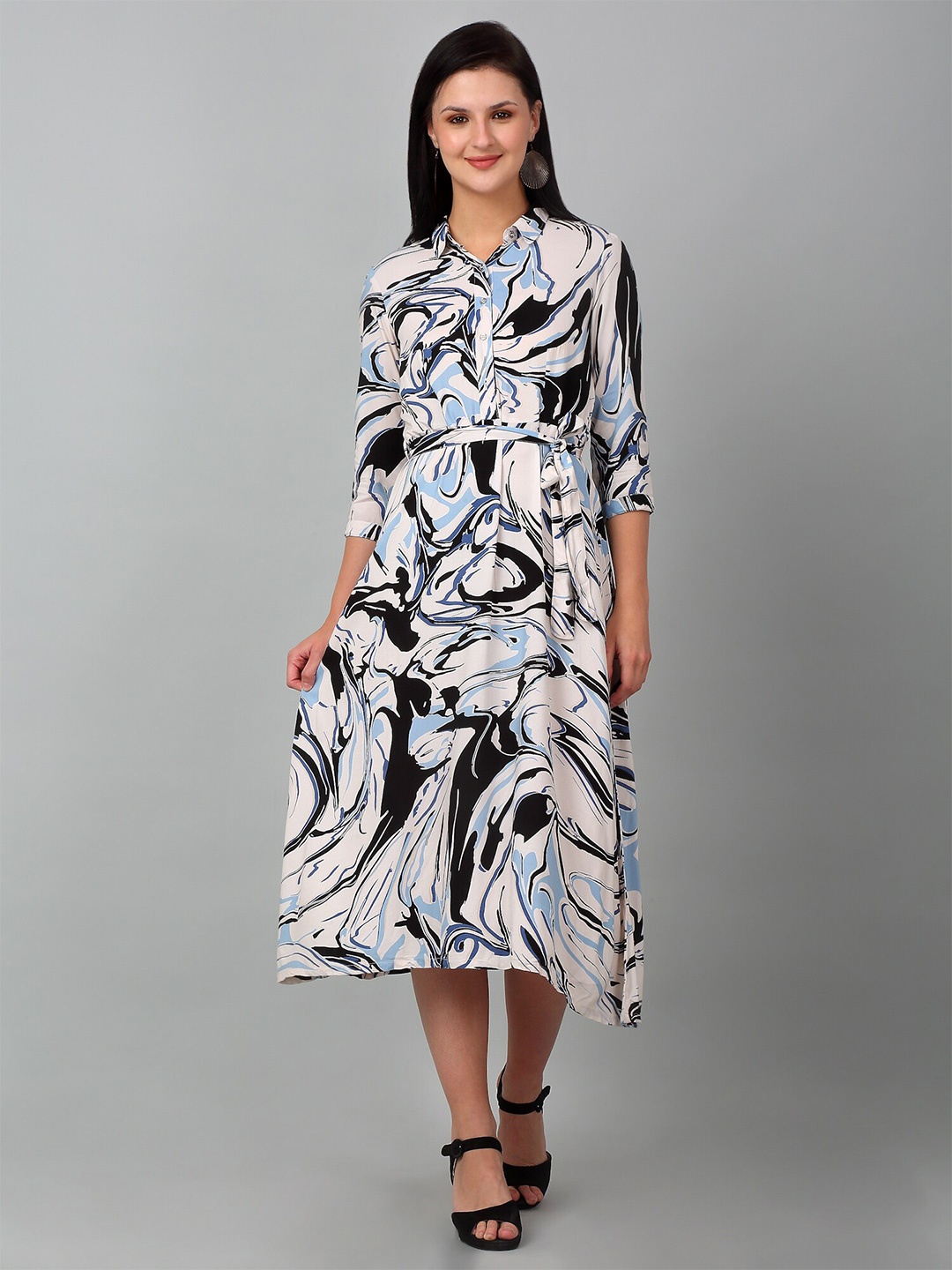 

Cantabil Abstract Printed Shirt Midi Dress, White