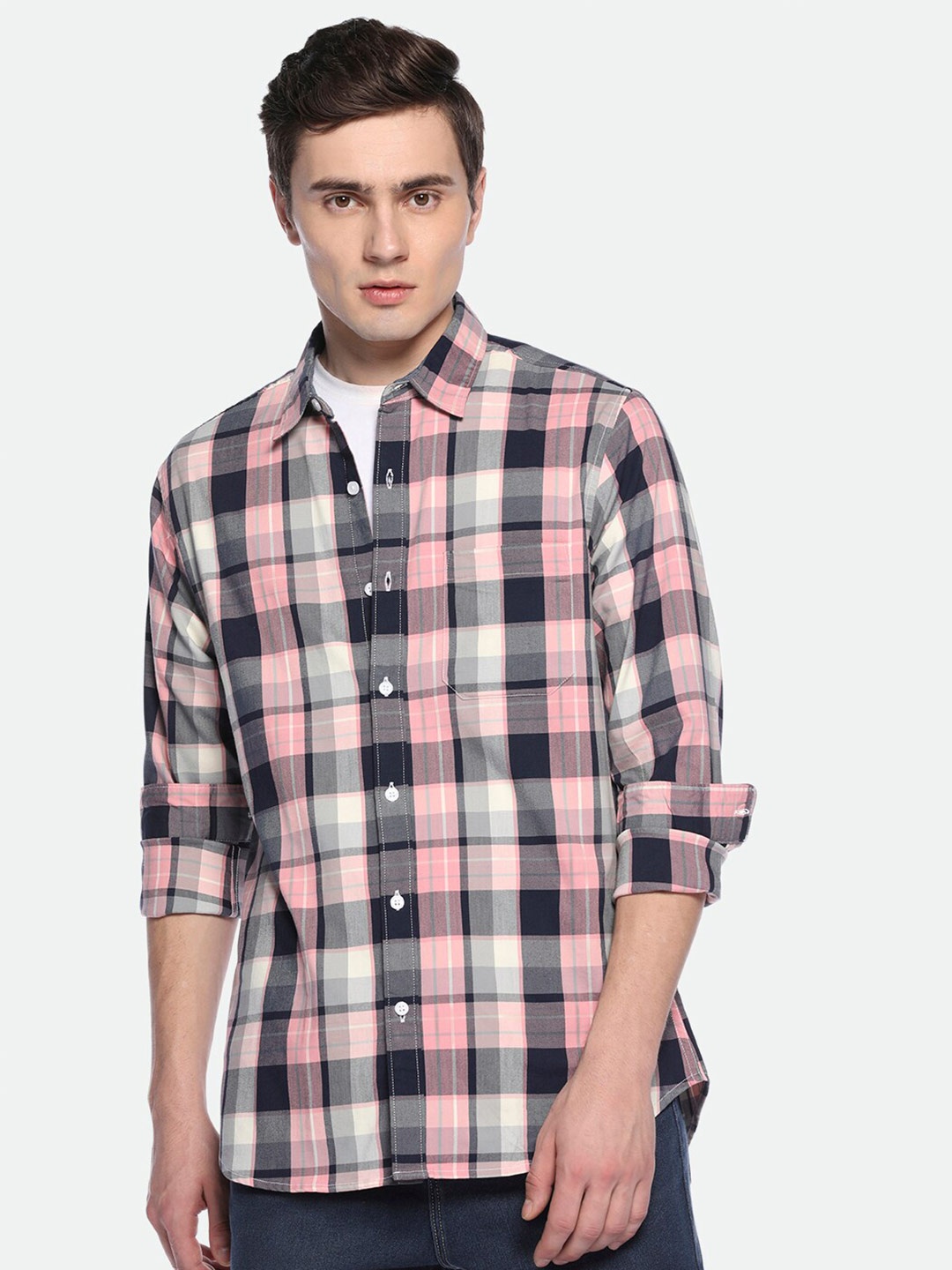 

Dennis Lingo Tartan Checked Pure Collar Casual Shirt, Pink