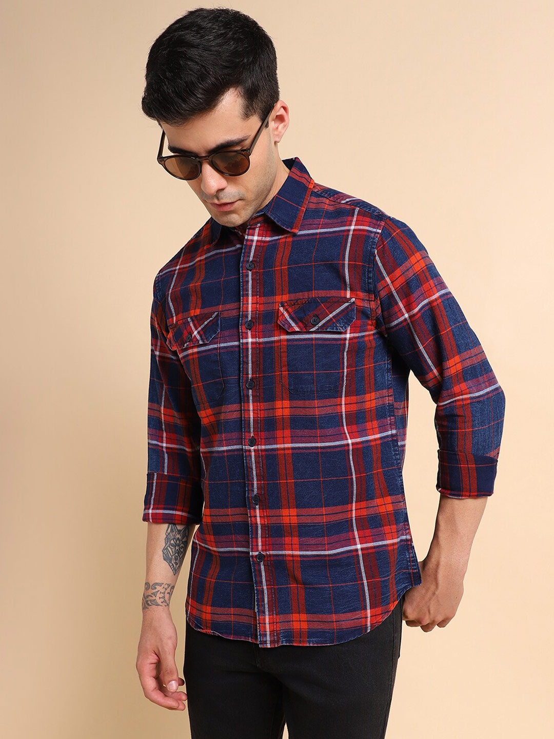 

Dennis Lingo Tartan Checked Pure Cotton Casual Shirt, Navy blue