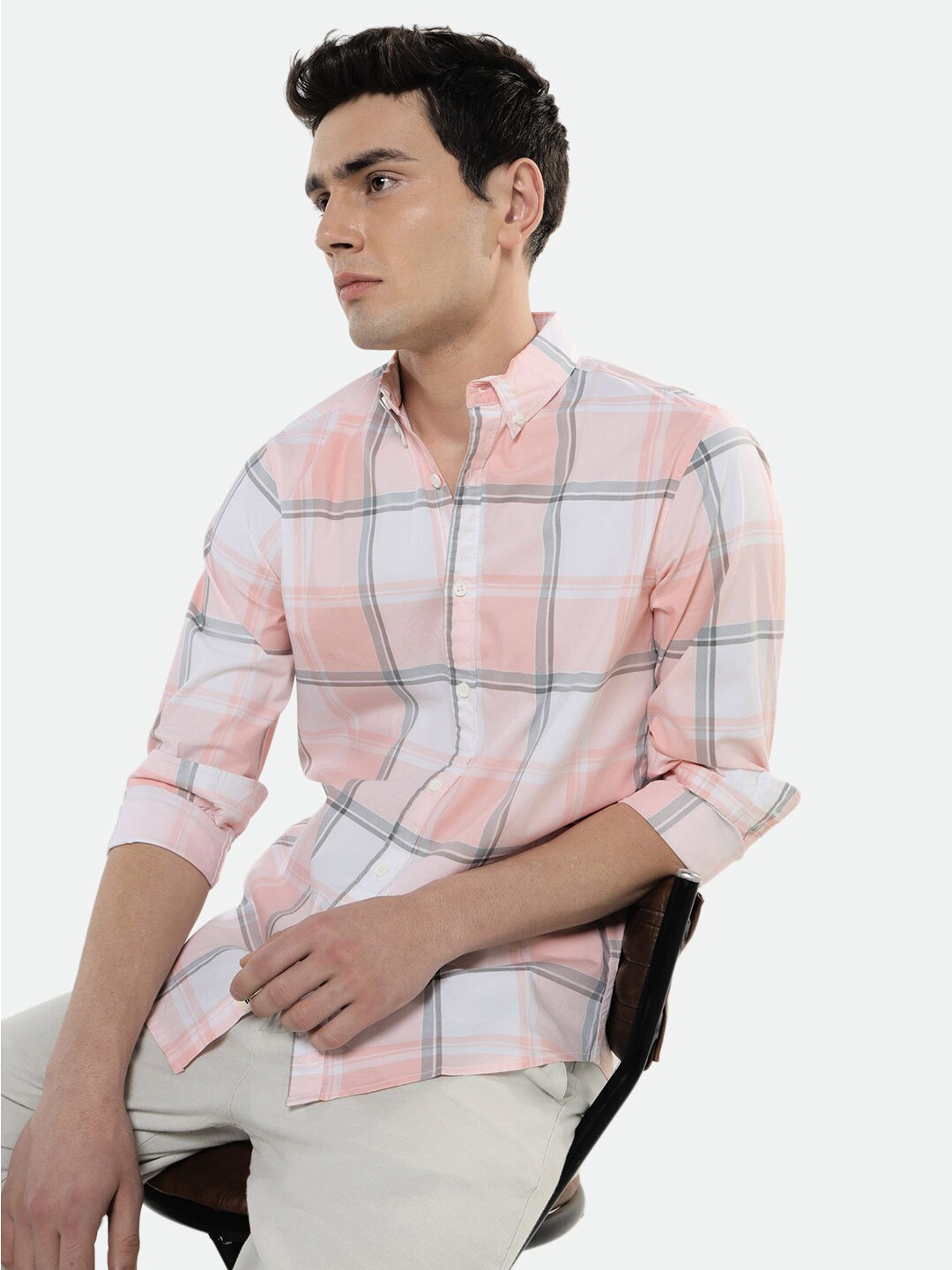 

Dennis Lingo Windowpane Checked Button-Down Collar Pure Cotton Casual Shirt, Pink