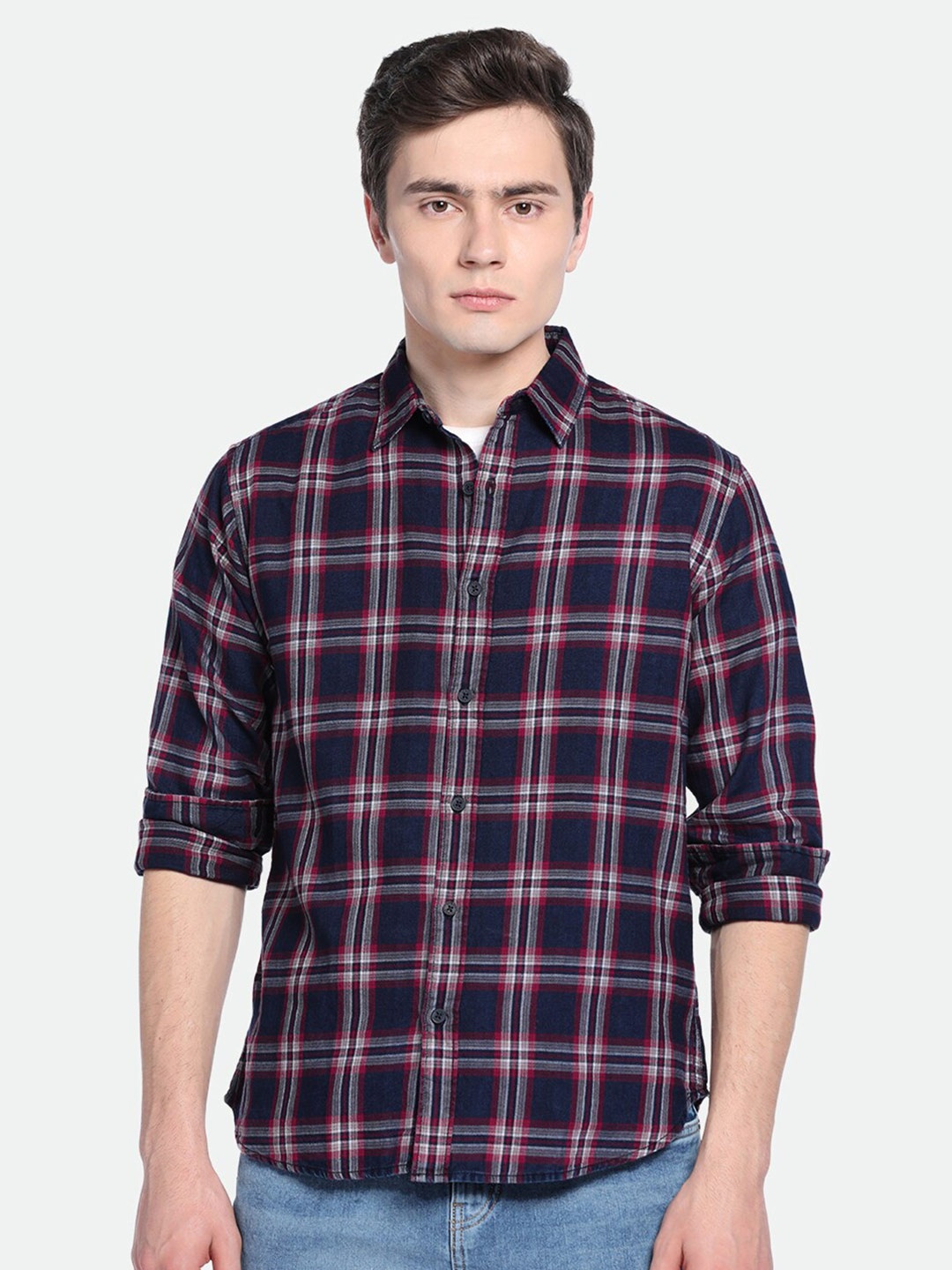 

Dennis Lingo Tartan Checked Spread Collar Pure Cotton Casual Shirt, Navy blue