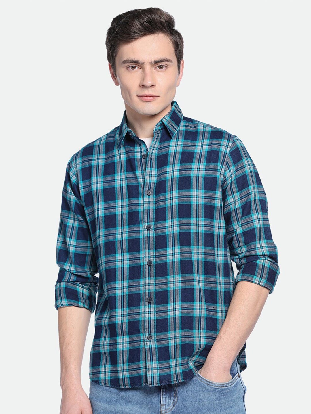 

Dennis Lingo Tartan Checked Spread Collar Pure Cotton Casual Shirt, Teal