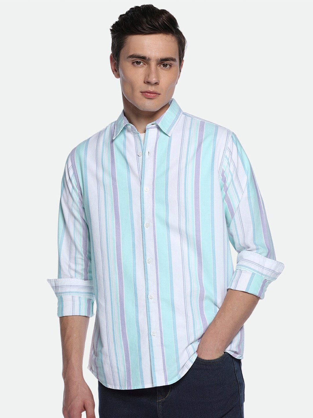 

Dennis Lingo Striped Pure Cotton Casual Shirt, Green