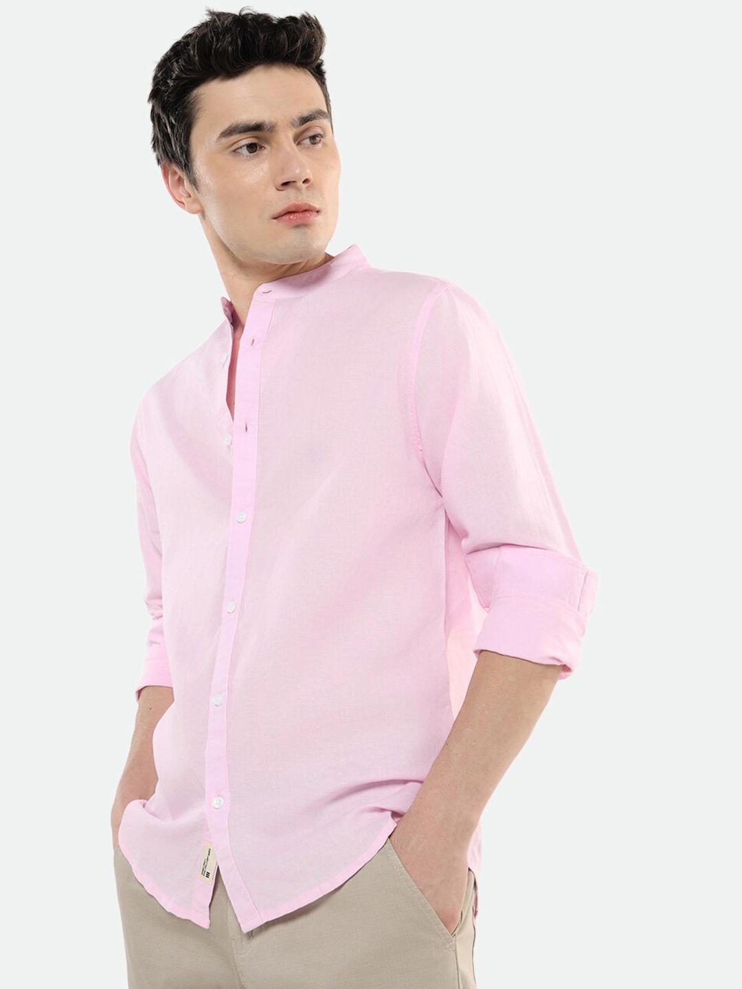 

Dennis Lingo Mandarin Collar Pure Cotton Casual Shirt, Pink