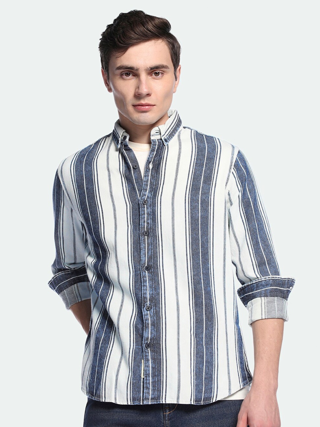 

Dennis Lingo Vertical Striped Button-Down Collar Pure Cotton Shacket, Blue