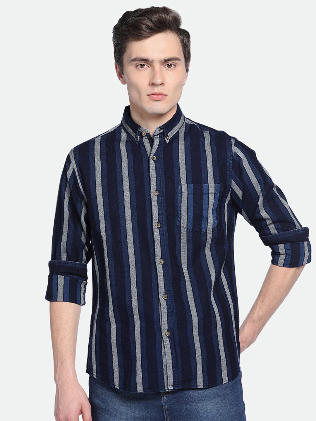 

Dennis Lingo Vertical Striped Button-Down Collar Pure Cotton Casual Shirt, Navy blue