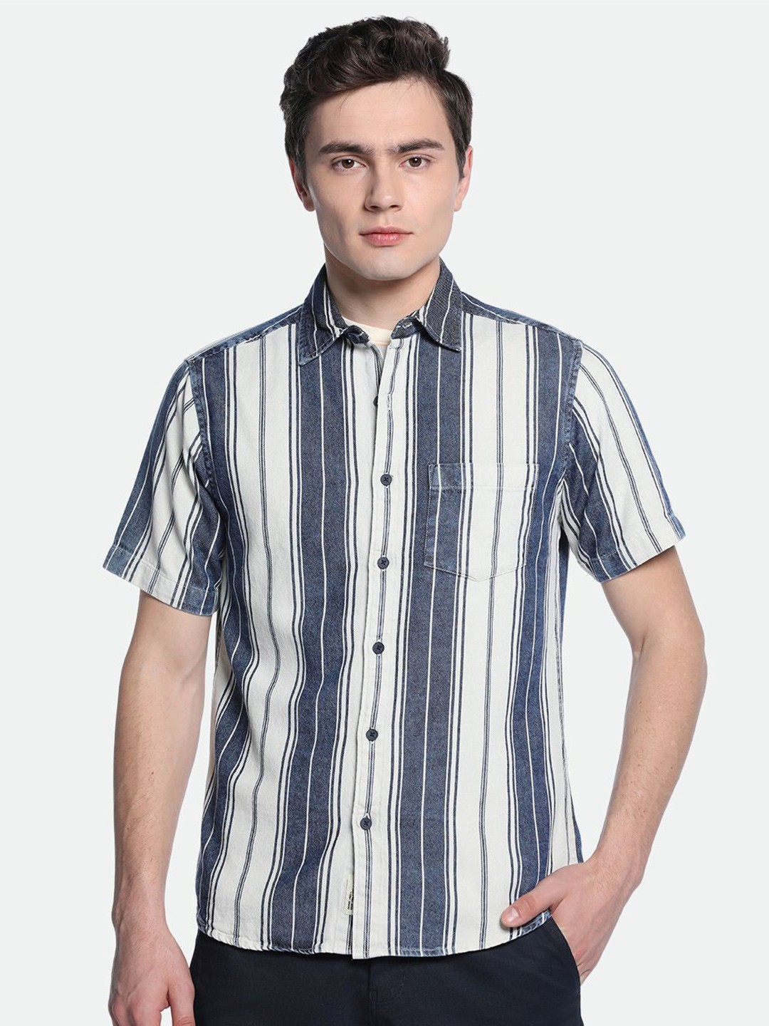 

Dennis Lingo Striped Pure Cotton Casual Shirt, Blue