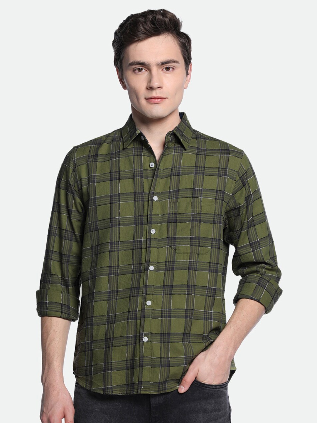 

Dennis Lingo Tartan Checked Spread Collar Pure Cotton Casual Shirt, Olive