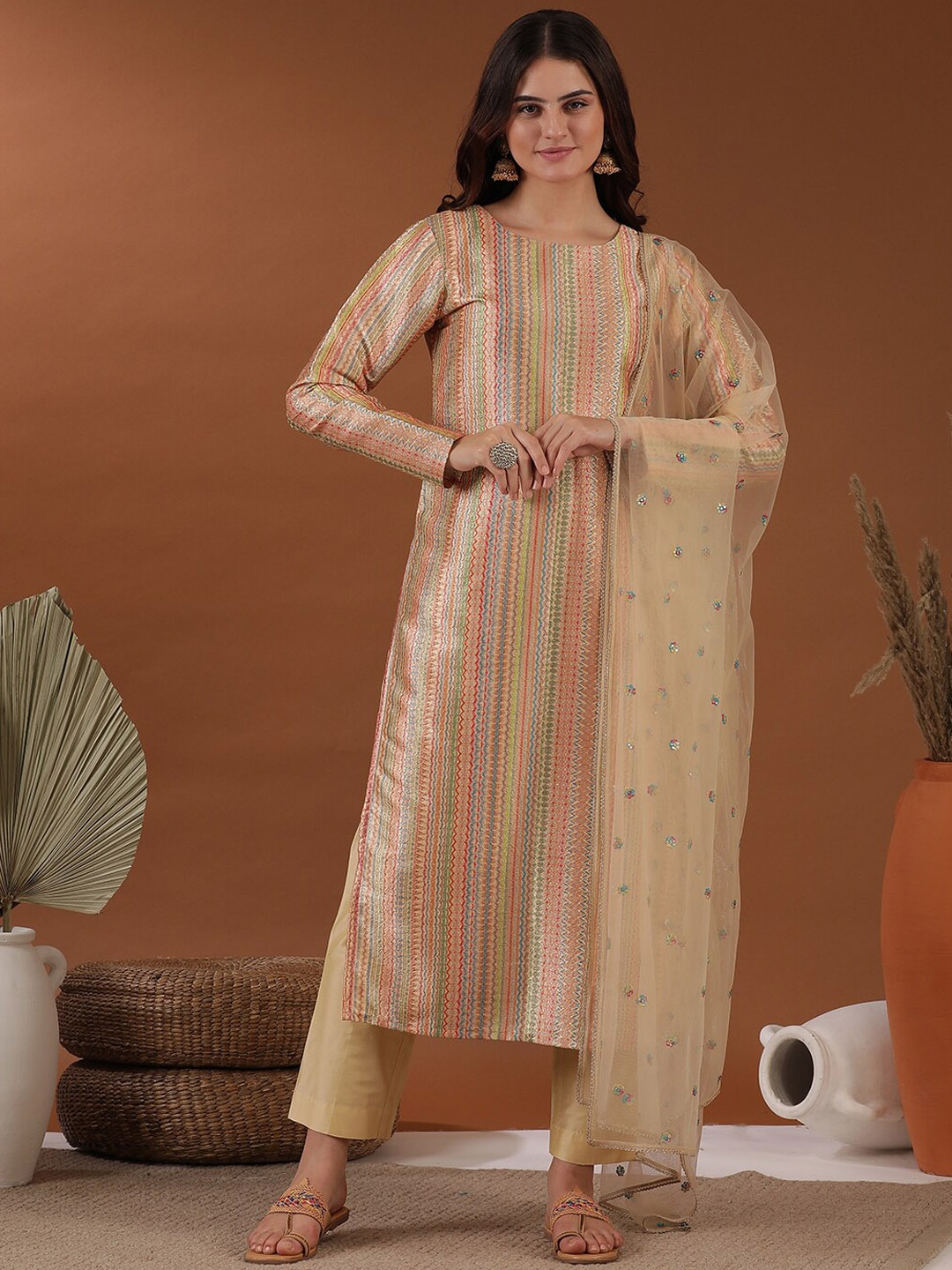 

Inddus Striped Embroidered Round Neck Thread Work Kurta with Trousers & With Dupatta, Beige