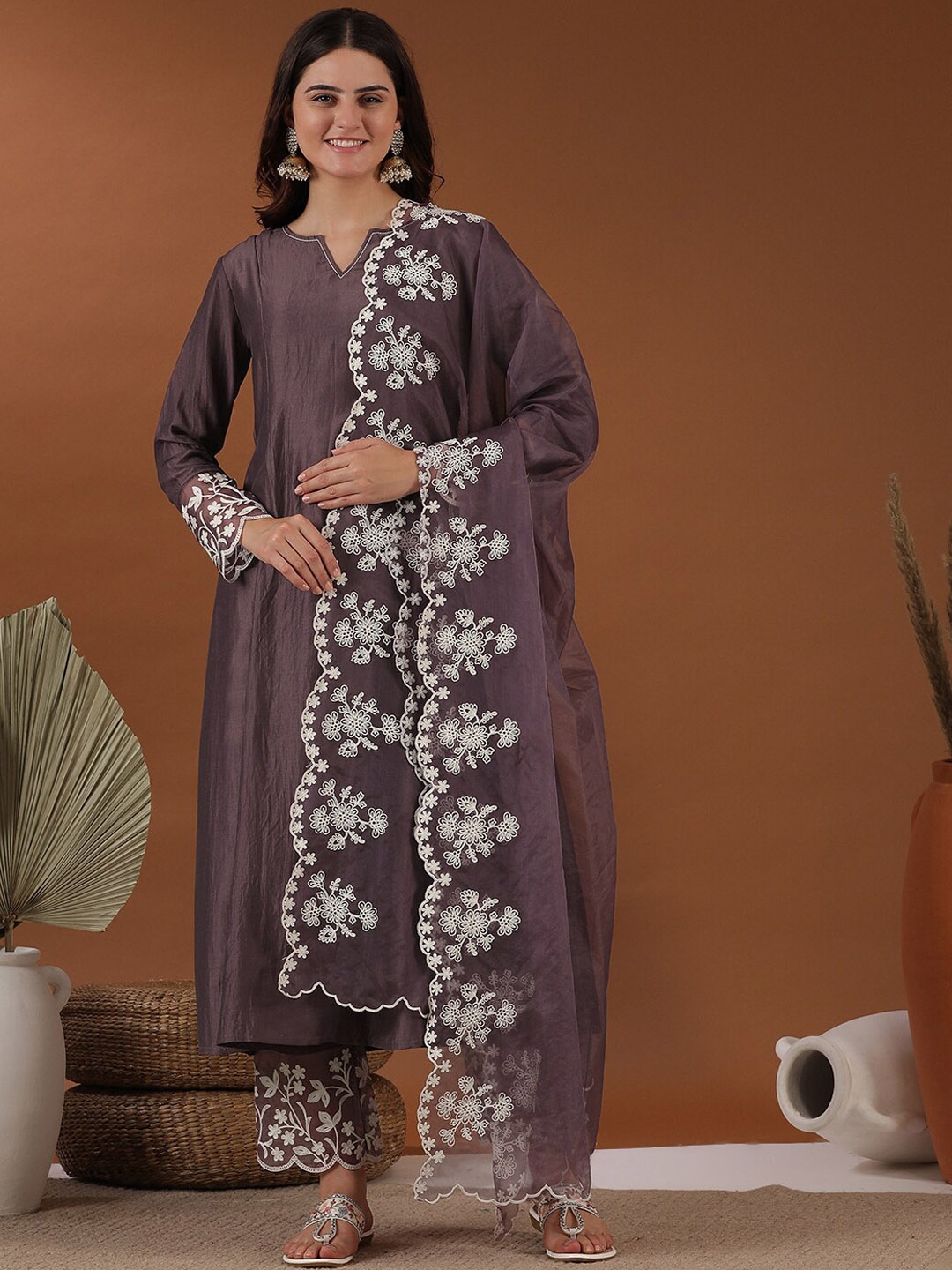

Inddus Notched Neck Thread Work A-Line Kurta with Trousers & With Dupatta, Mauve