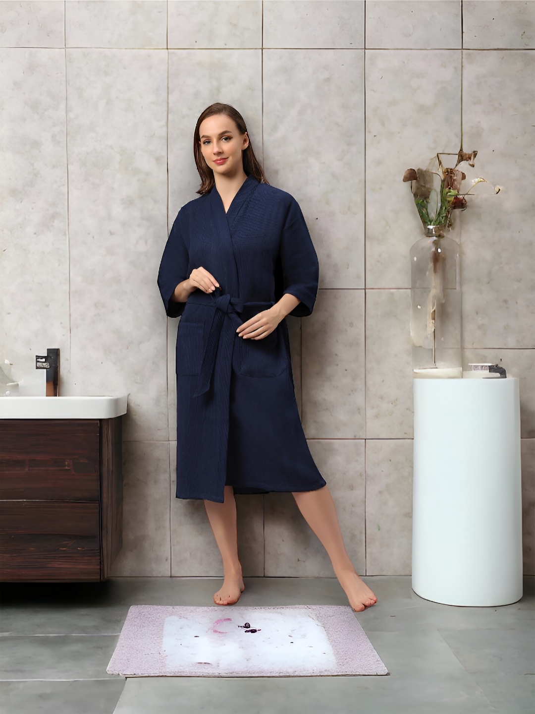 

HotGown Women Stylish Waffle Bathrobe, Navy blue