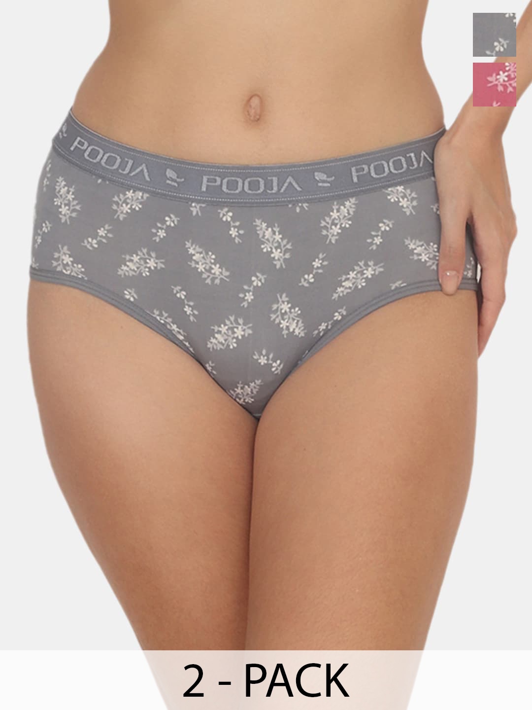 

POOJA RAGENEE Pack Of 2 Floral Printed Hipster Briefs, Grey