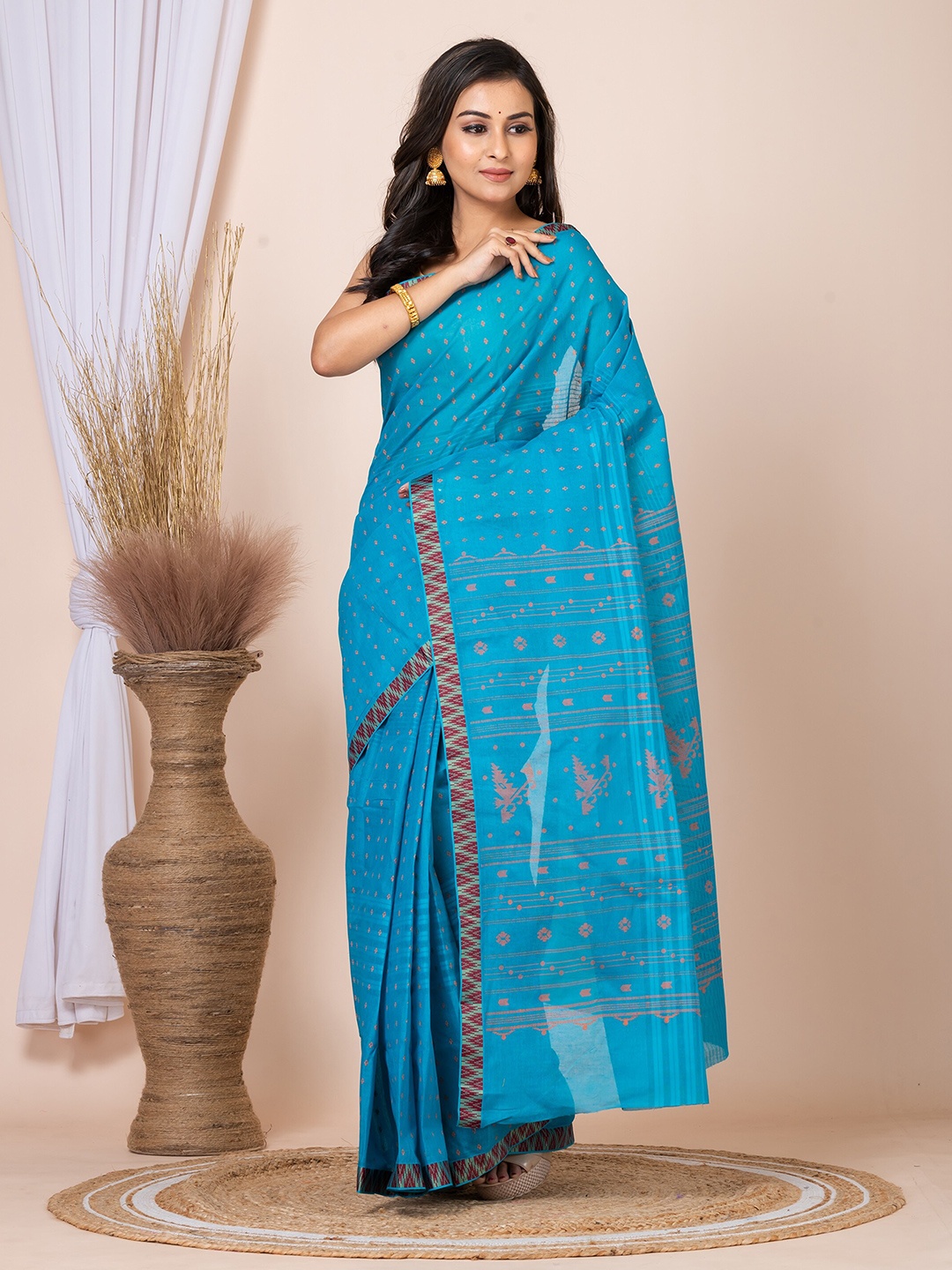 

HOUSE OF ARLI Ethnic Motifs Printed Pure Cotton Taant Saree, Blue
