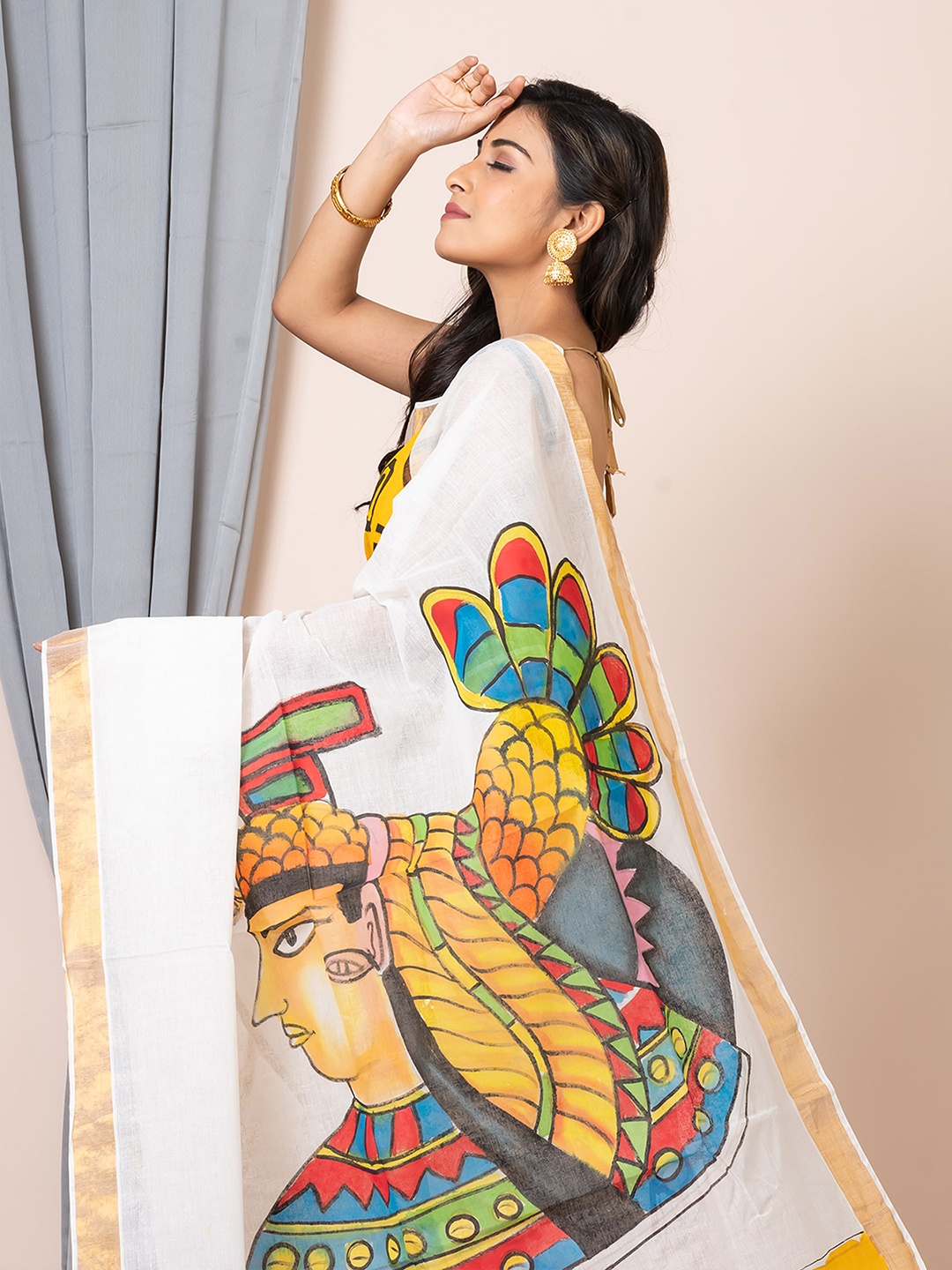 

HOUSE OF ARLI Kalamkari Printed Pure Cotton Saree, White
