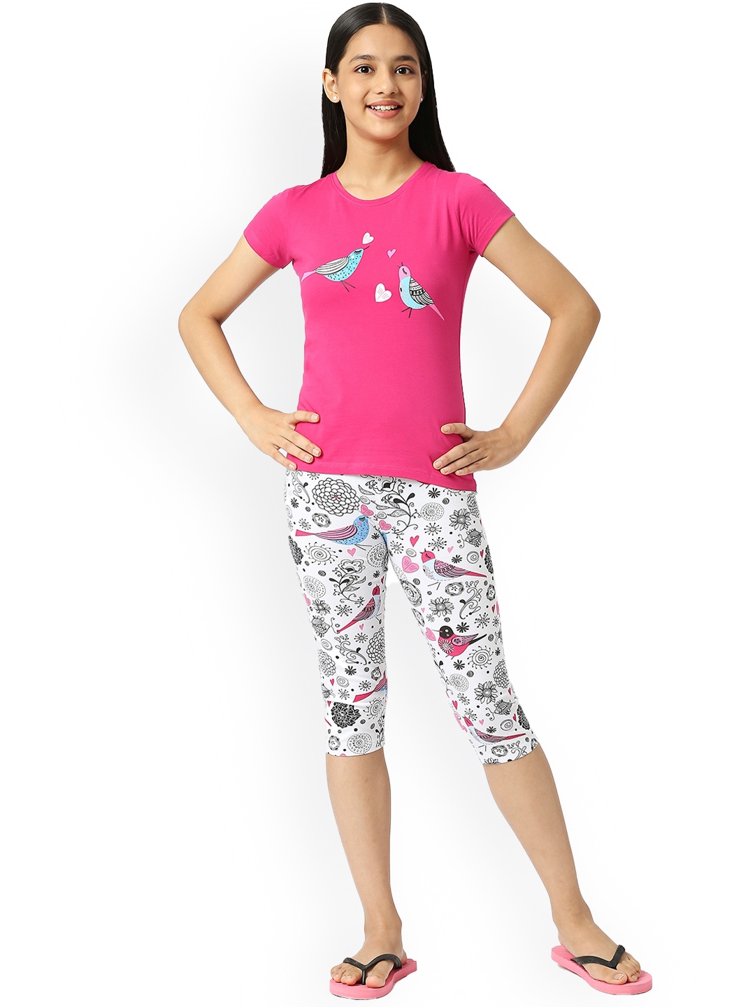 

SINI MINI Girls Graphic Printed Pure Cotton Night suit, Pink