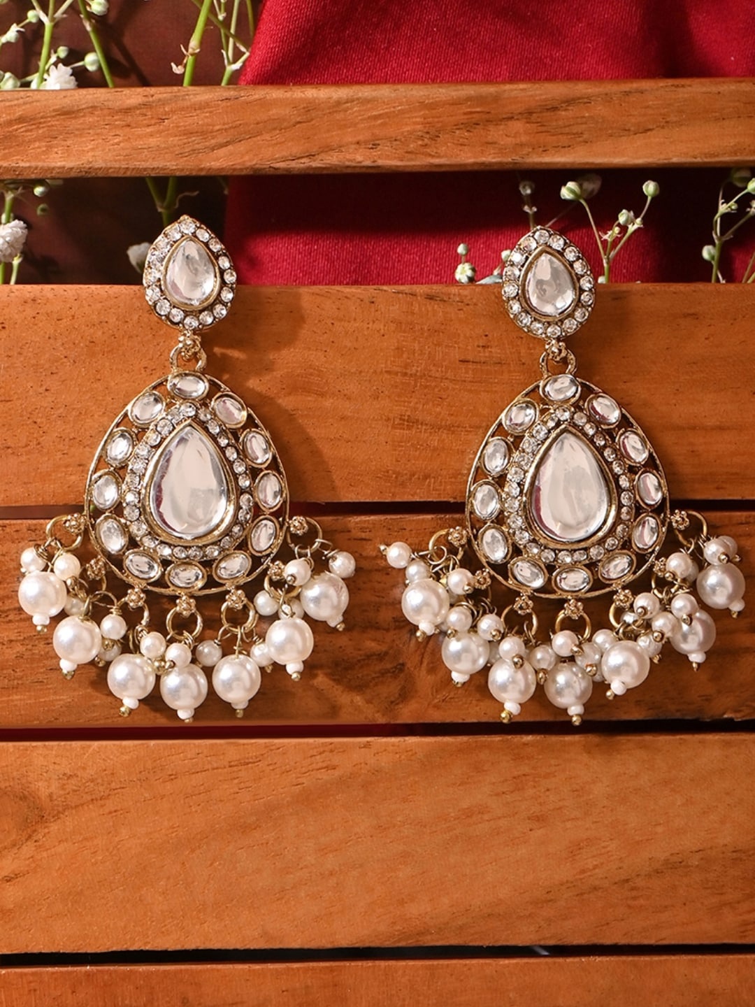 

Fida Gold-Plated Kundan & Pearls Studded Beaded Drop Earrings