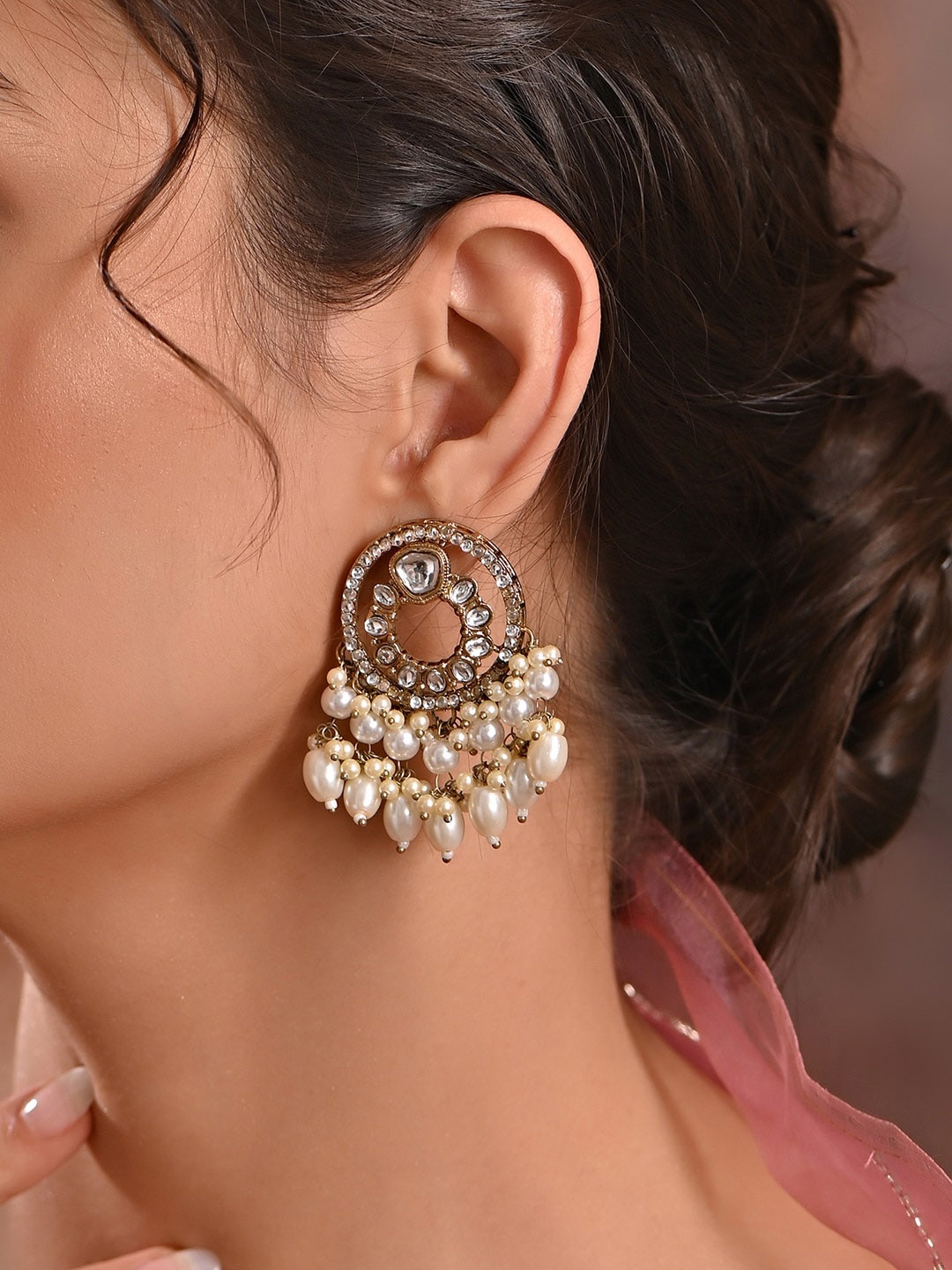 

Fida Gold-Plated Kundan & Pearls Studded Beaded Drop Earrings