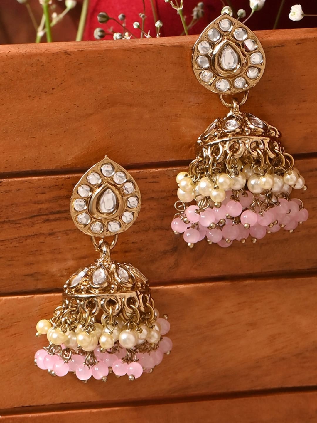 

Fida Gold-Plated Kundan-Studded & Beaded Dome Shaped Jhumkas