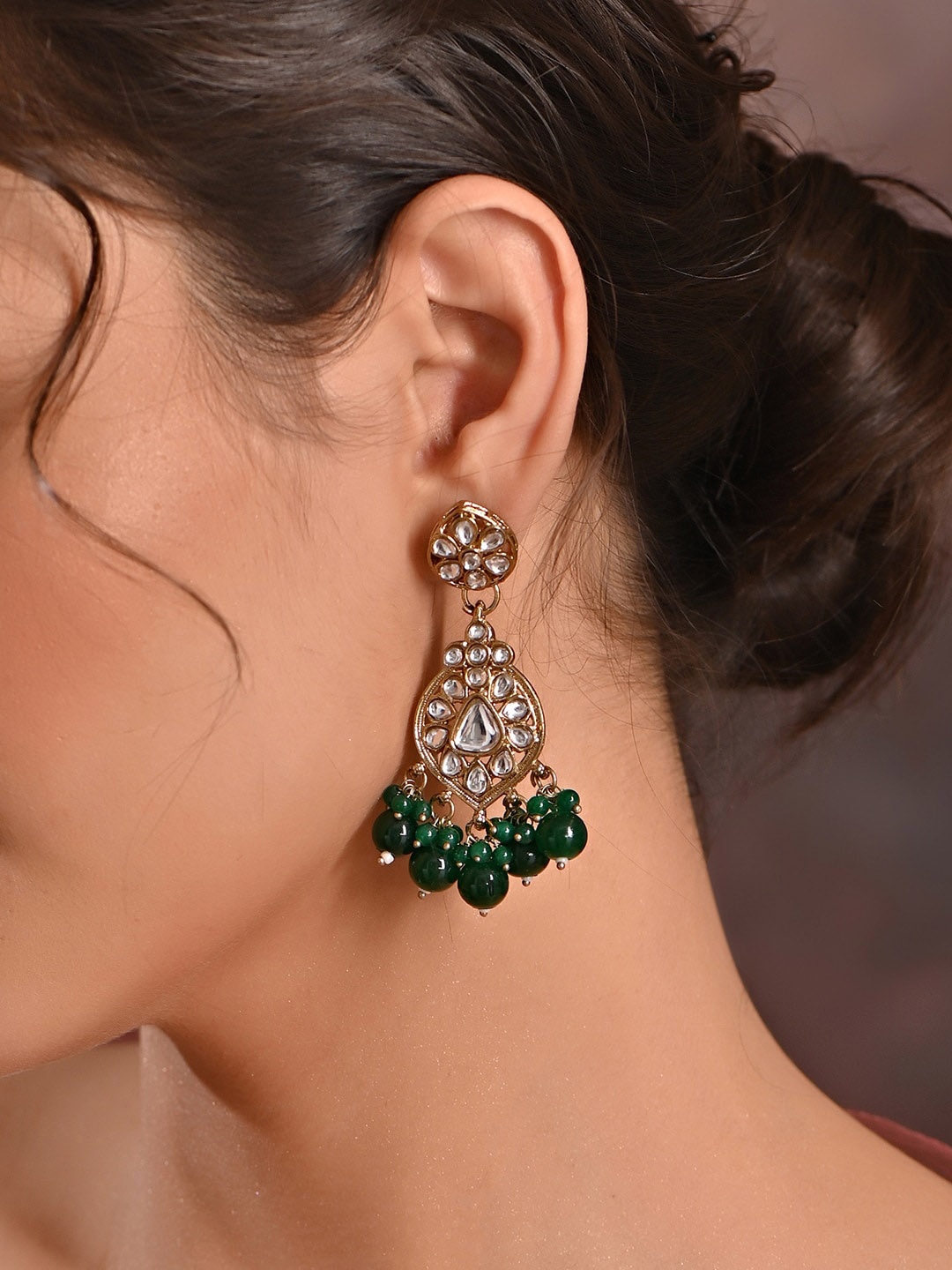 

Fida Gold-Plated Geometric Stone Studded & Beaded Drop Earrings