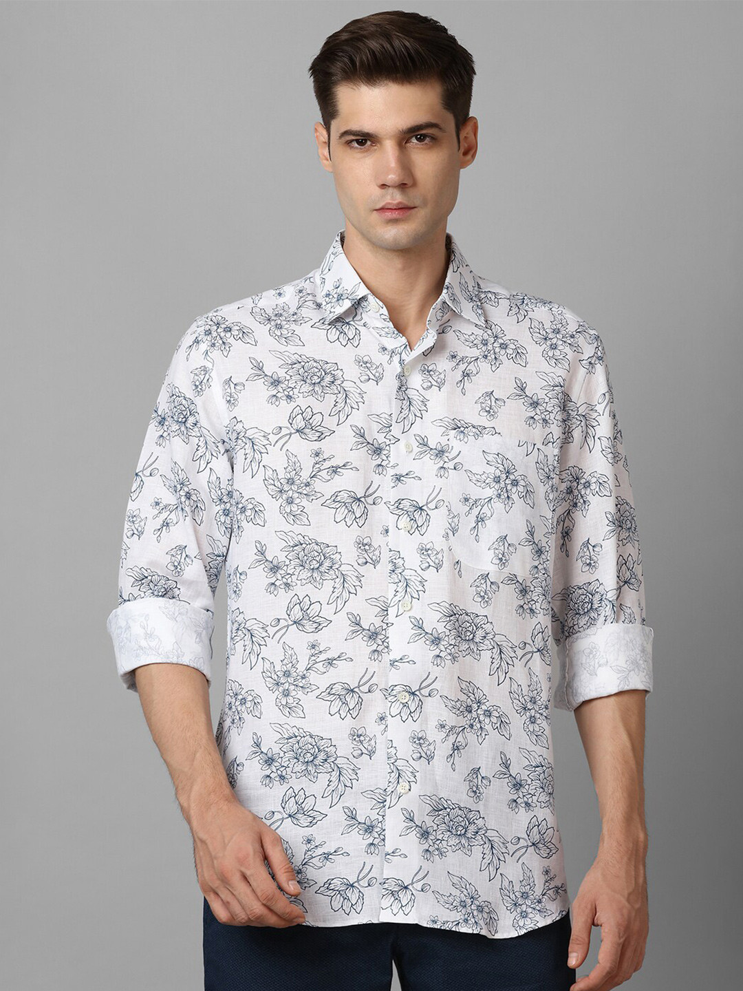 

Luxure by Louis Philippe Floral Printed Spread Collar Long Sleeves Linen Casual Shirt, White