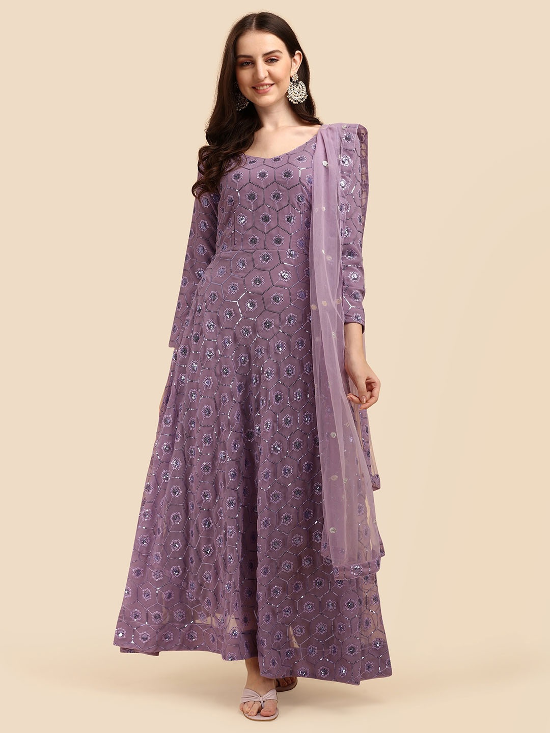 

KALINI Embellished Georgette Fit and Flare Maxi Ethnic Dress with Dupatta, Purple