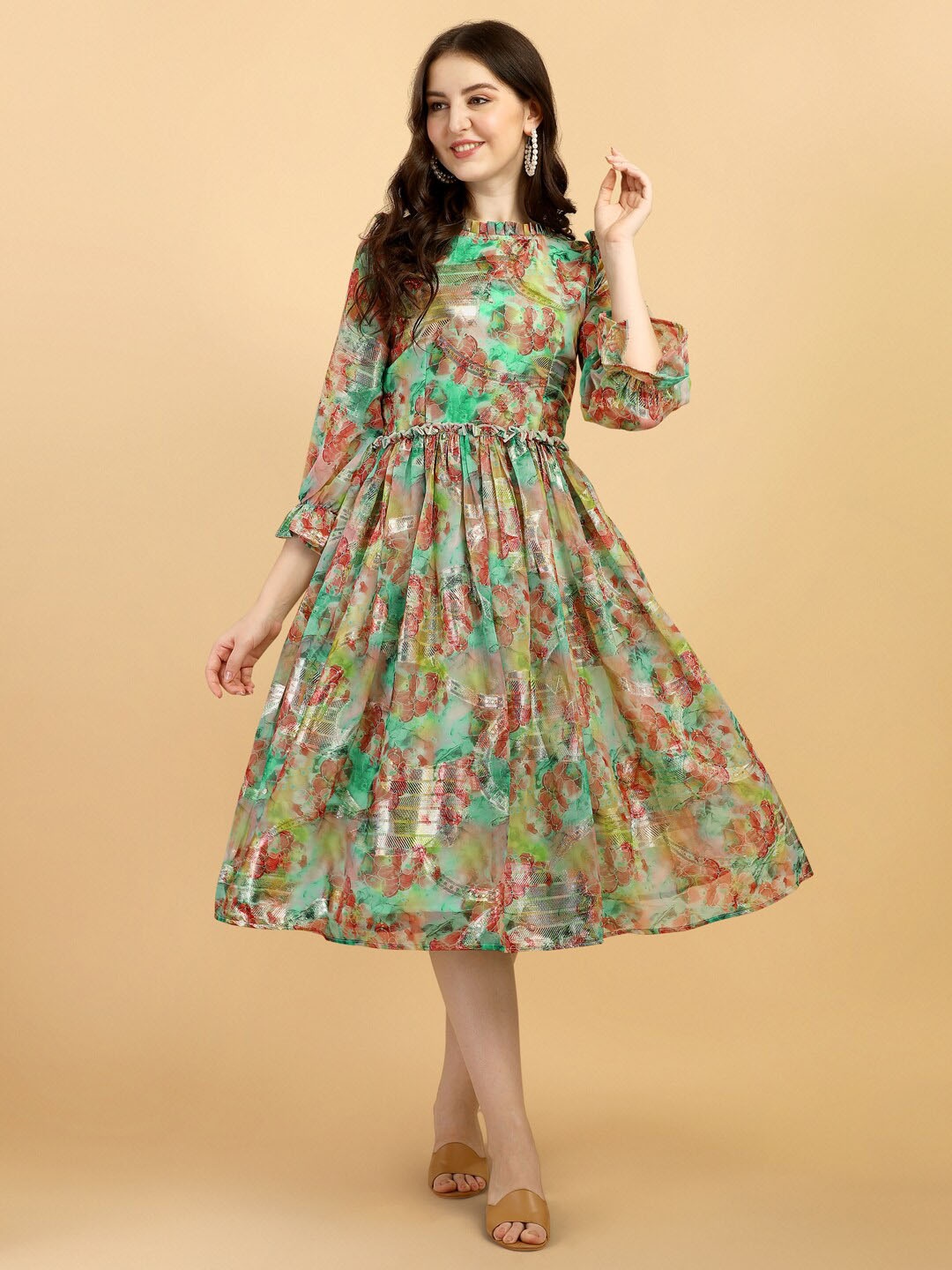 

KALINI Floral Printed Puff Sleeves Fit and Flare Midi Dress, Green