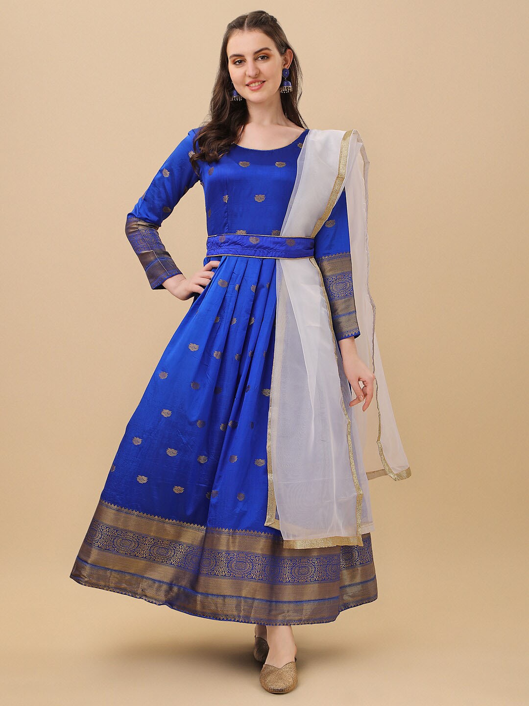 

KALINI Ethnic Motifs Self Design Fit and Flare Maxi Dress with Dupatta & Belt, Blue