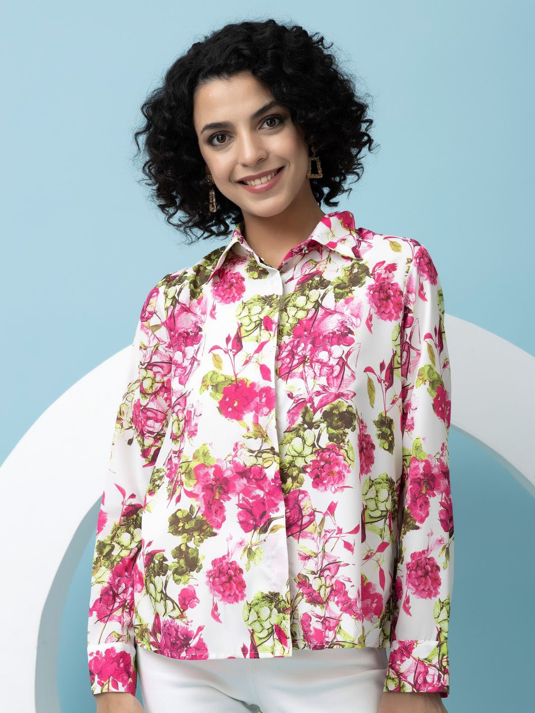 

Beatnik Floral Printed Spread Collar Casual Shirt, Pink