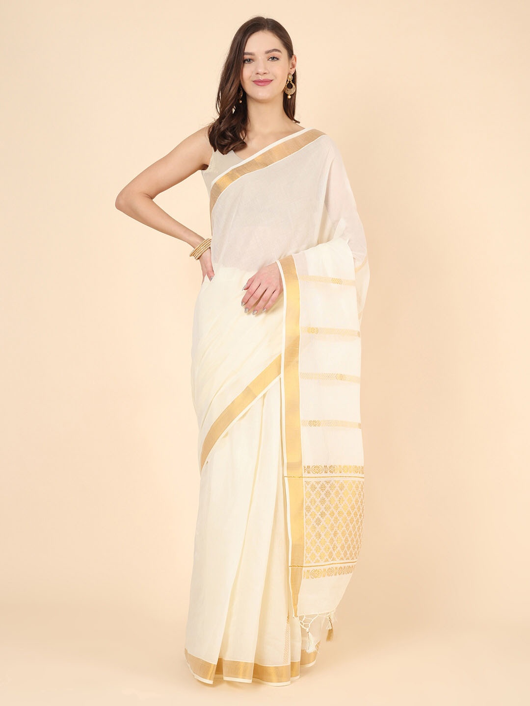 

Manvish Drapes Zari Pure Cotton Kasavu Saree, Off white
