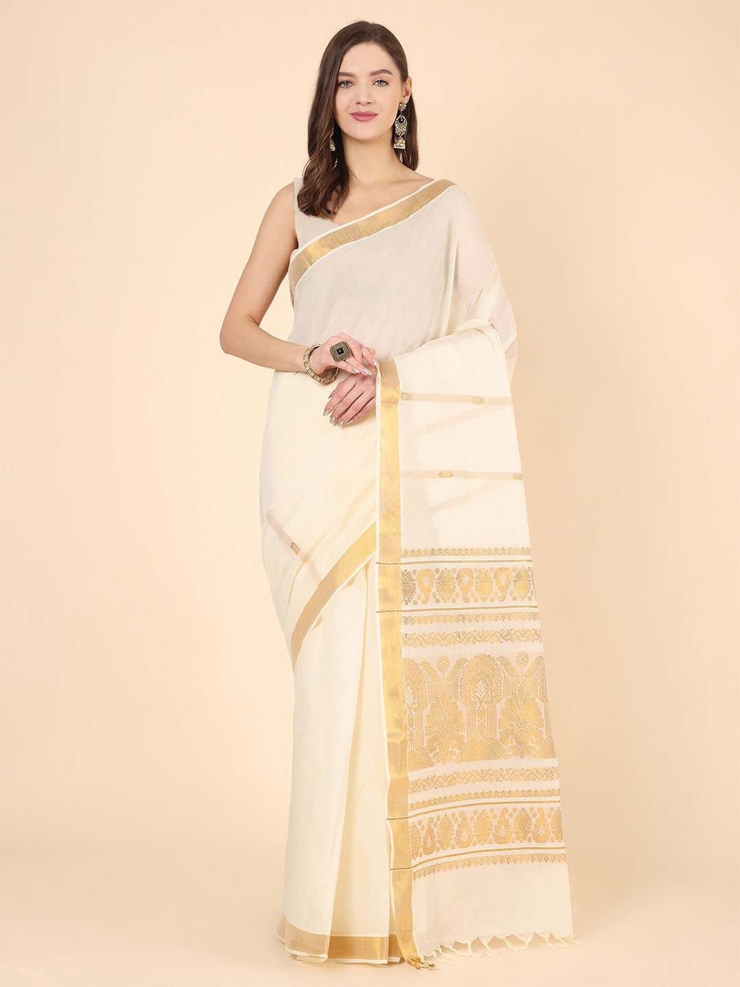 

Manvish Drapes Ethnic Motifs Woven Design Jaali Pure Cotton Kasavu Saree, Off white