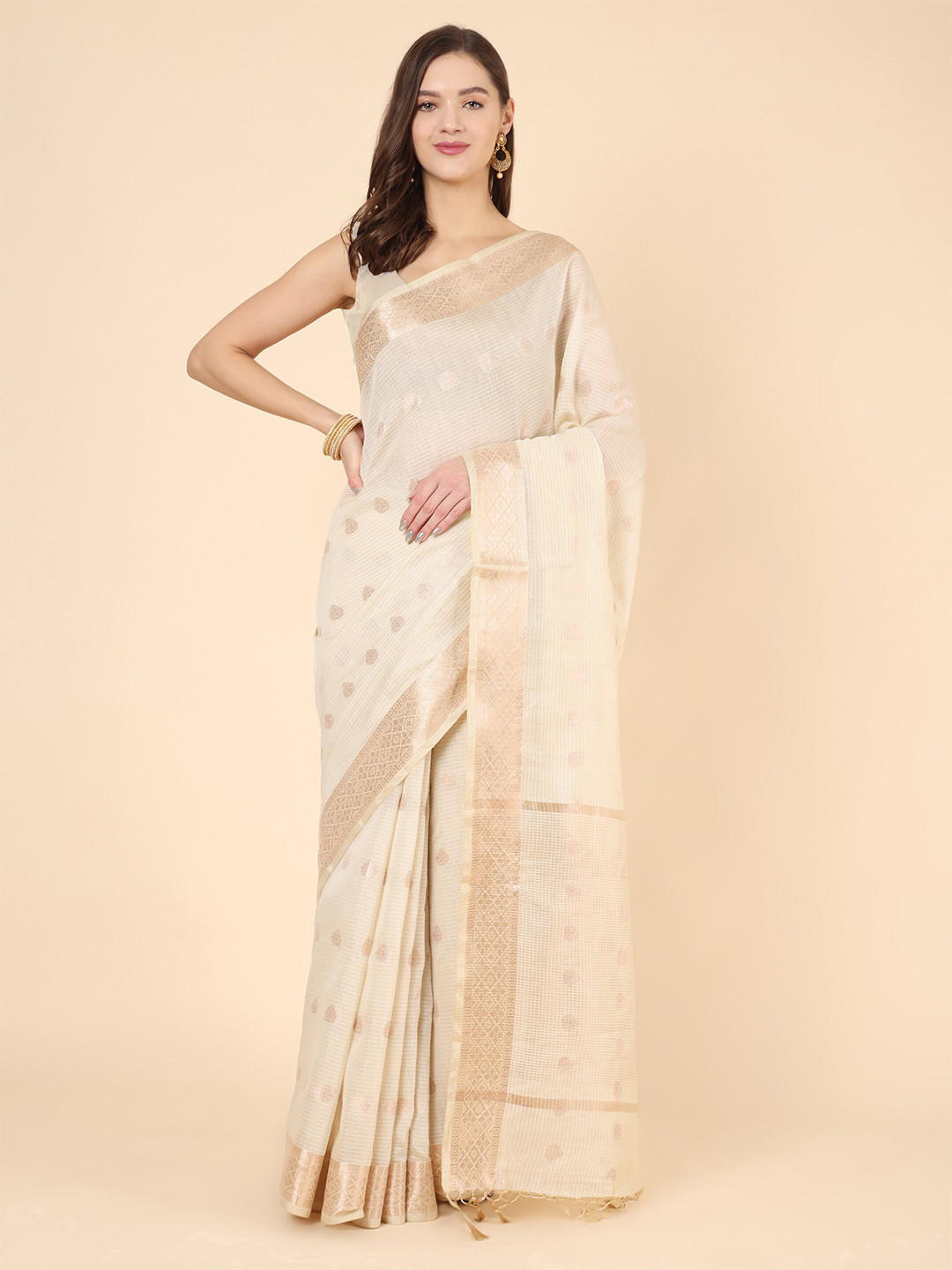 

Manvish Drapes Ethnic Motifs Woven Design Zari Pure Cotton Kasavu Saree, Off white
