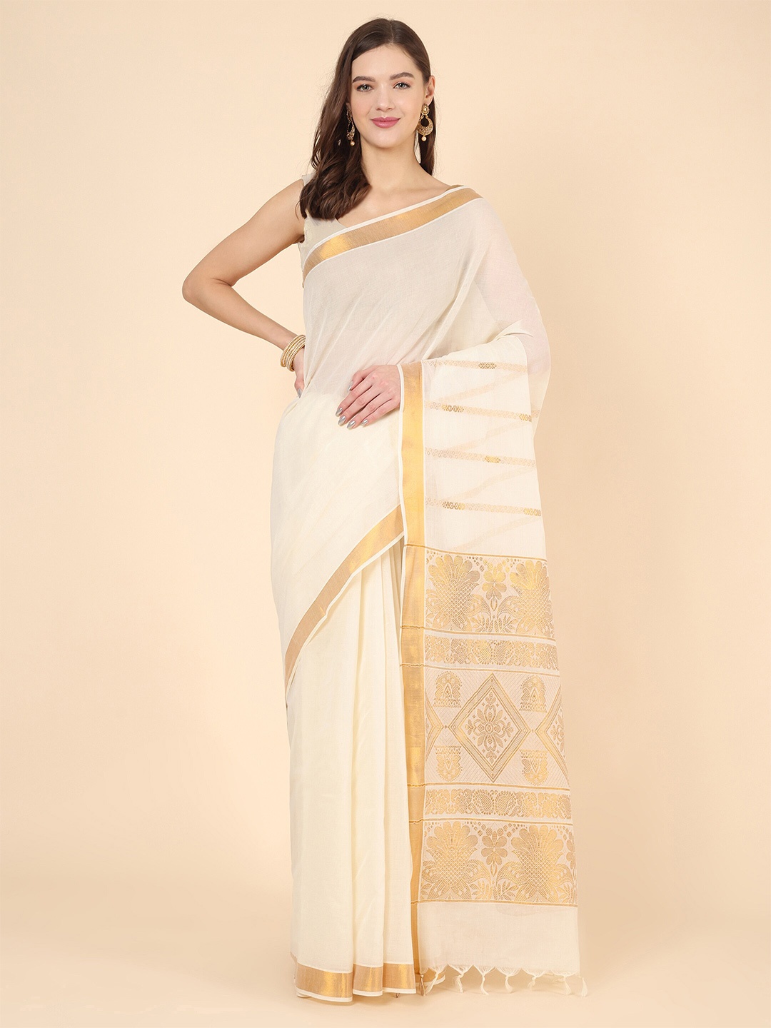 

Manvish Drapes Ethnic Motifs Woven Design Zari Pure Cotton Kasavu Saree, Off white