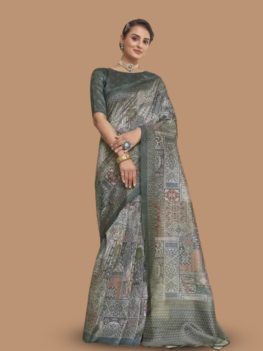 

MAGMINA Geometric Printed Ready to Wear Banarasi Saree, Grey