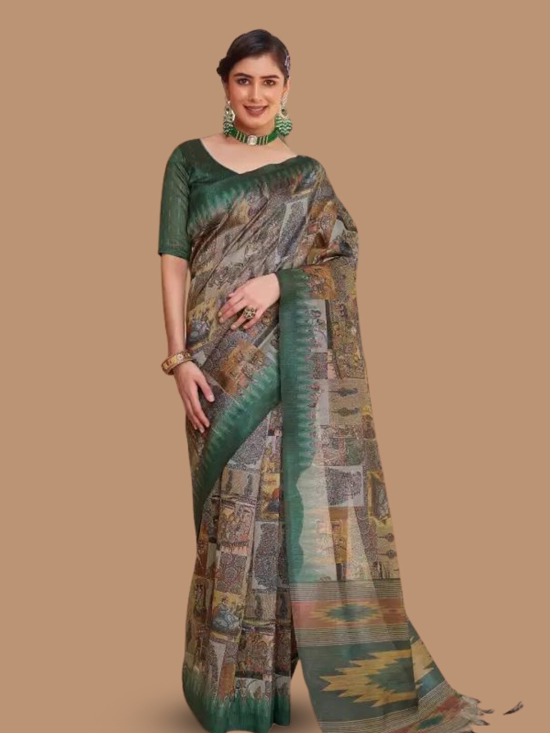 

MAGMINA Geometric Printed Ready to Wear Saree, Green