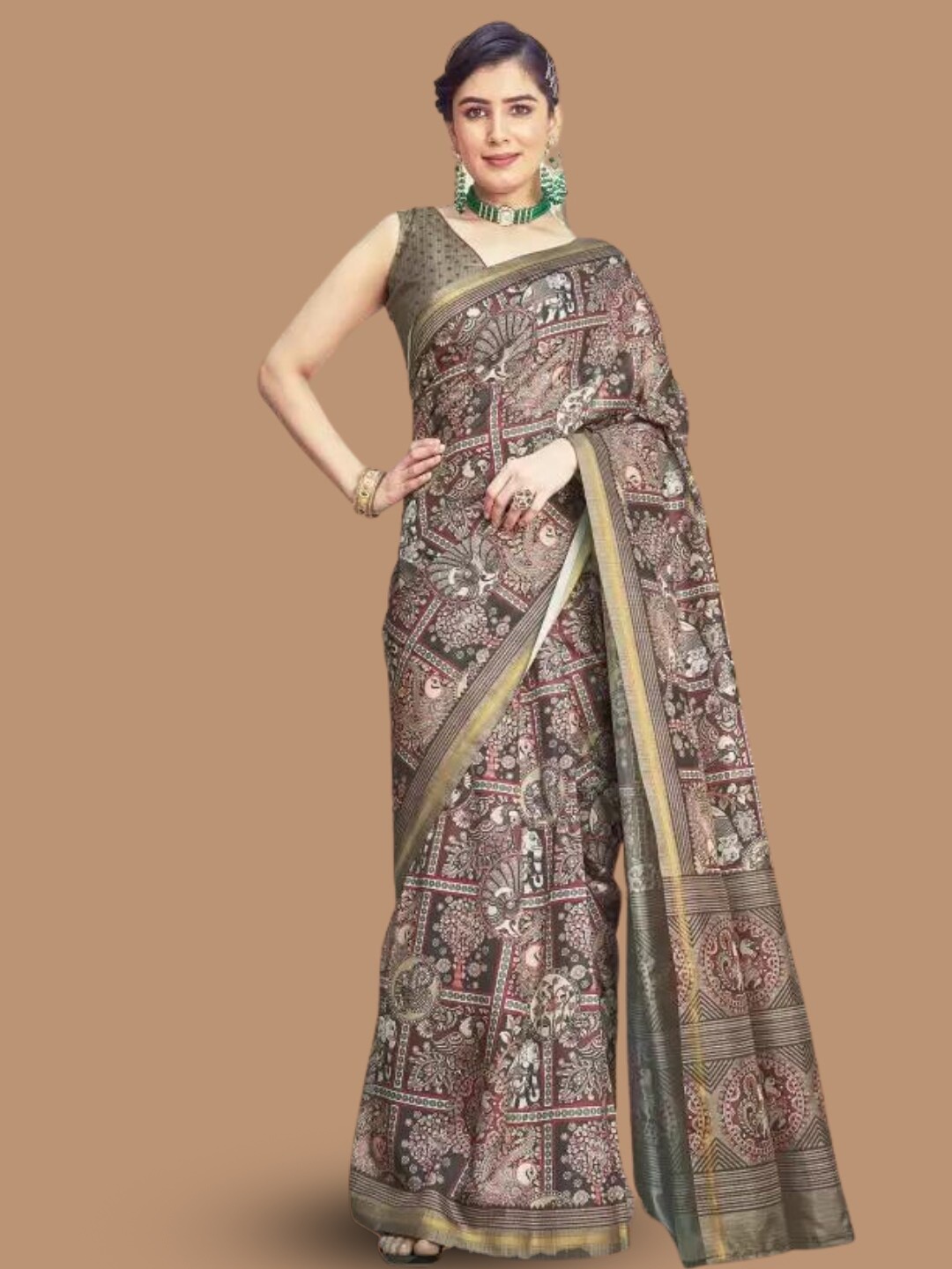 

MAGMINA Floral Printed Ready to Wear Banarasi Zari Saree, Brown