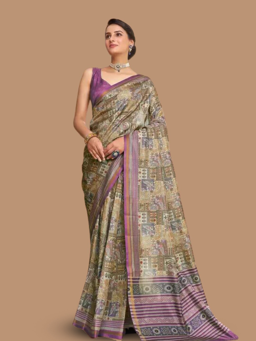 

MAGMINA Geometric Print Banarasi Zari Saree, Purple