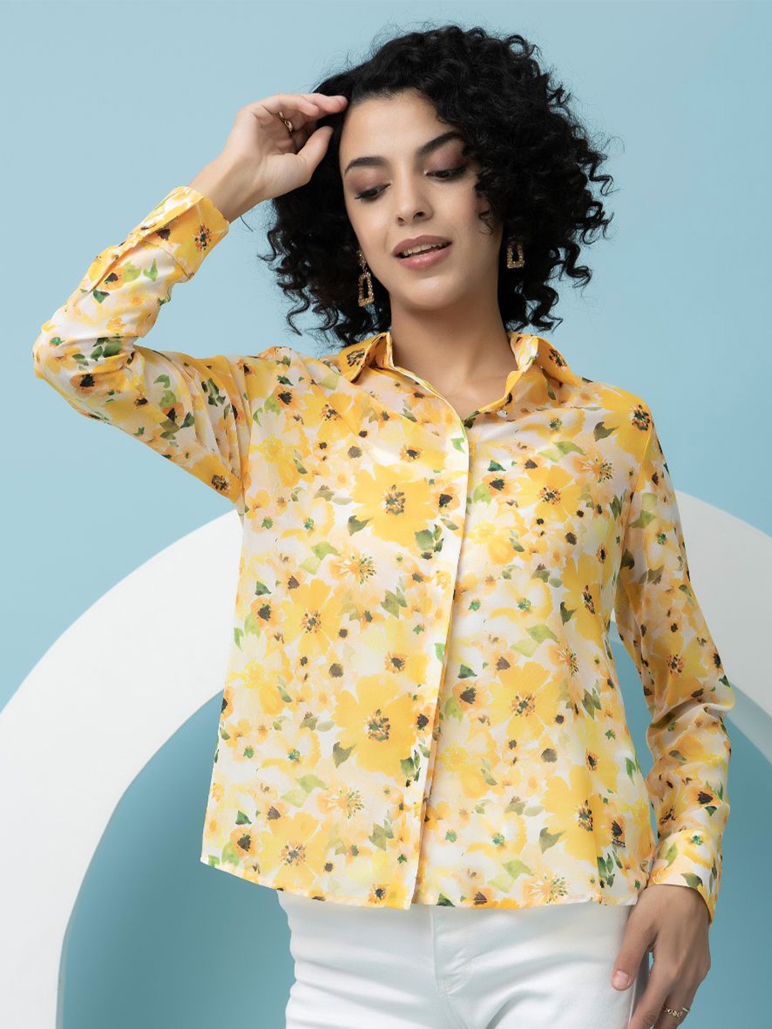 

Beatnik Floral Printed Spread Collar Casual Shirt, Yellow